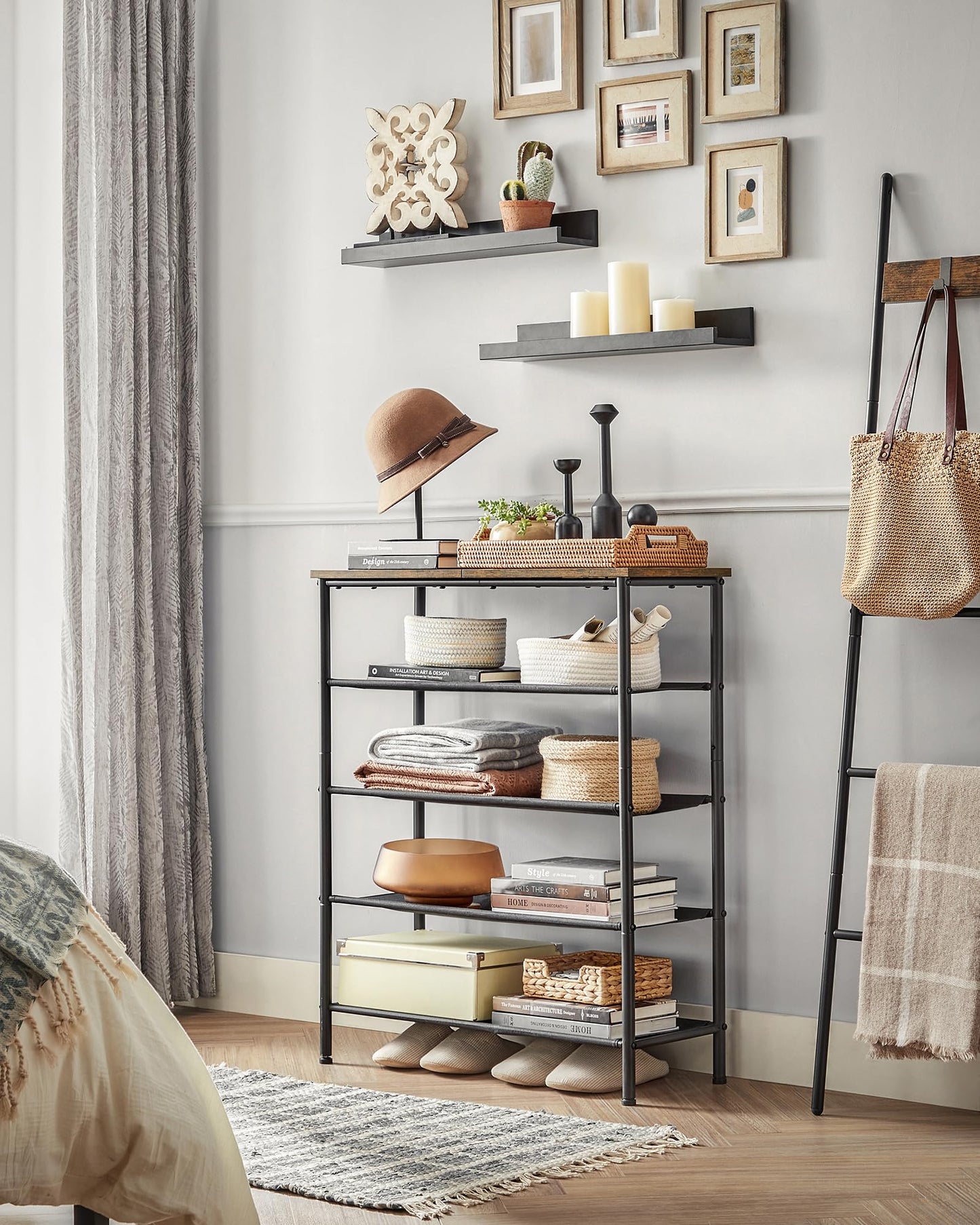 VASAGLE Shoe Rack, 5 Tier Shoe Storage Rack for 12-16 Pairs of Shoes, Shoe Organizer for Entryway, with 4 Fabric Shelves and Top Panel, Steel Frame, Rustic Brown and Black ULBS036B01