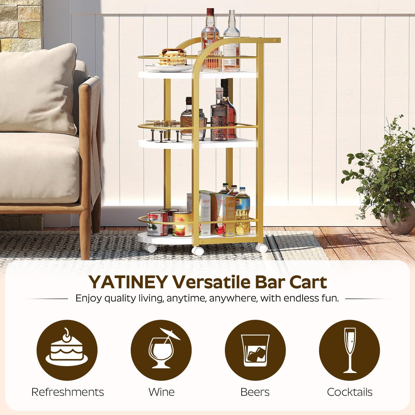 YATINEY 3-Tiers Cart with Wheels, Home Cart, Beverage Cart with Fence, for Garden, Party, White and Gold BC06DW