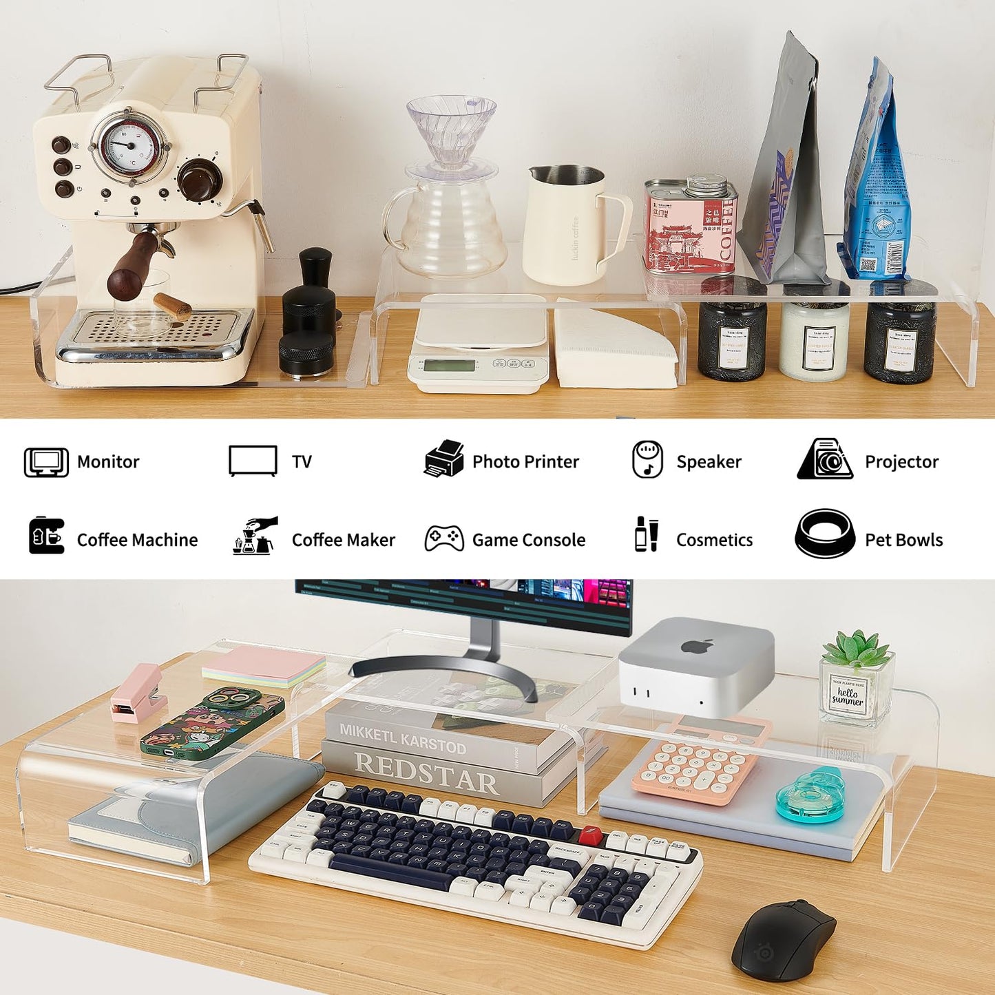 LEKETREE Acrylic Dual Monitor Stand Riser, 3 Shelf Monitor Stand, Adjustable Length and Angle with Anti-Slip Mat for Laptop, Computer, Printer, Projector, CD Player, Coffee Machine