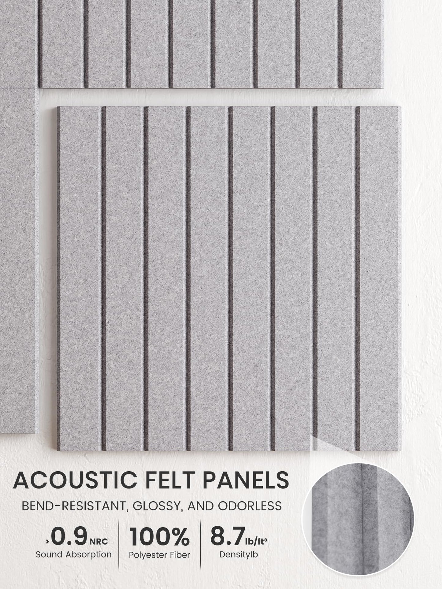 Bumusty Large Felt Bulletin Board, Cork Board Alternative, 6-Pack Fine Stripe Felt Wall Tiles with 30 Push Pins and 40 Adhesive Tabs, Ideal for Office, Home & Classroom, Soft Gray