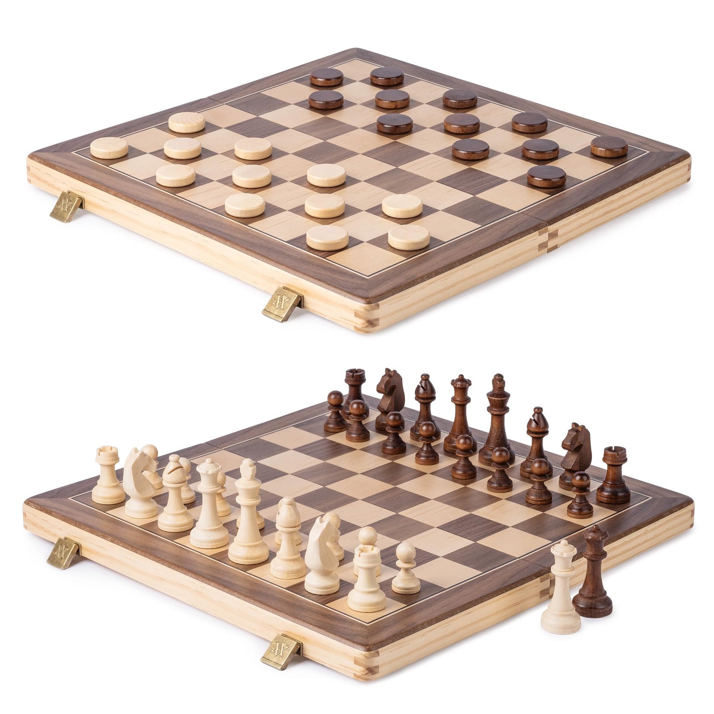 A&A 15" Magnetic Wooden Chess & Checkers Set/Folding Board / 3" King Height German Knight Staunton Chess Pieces/Walnut & Maple Inlaid /2 Extra Queen