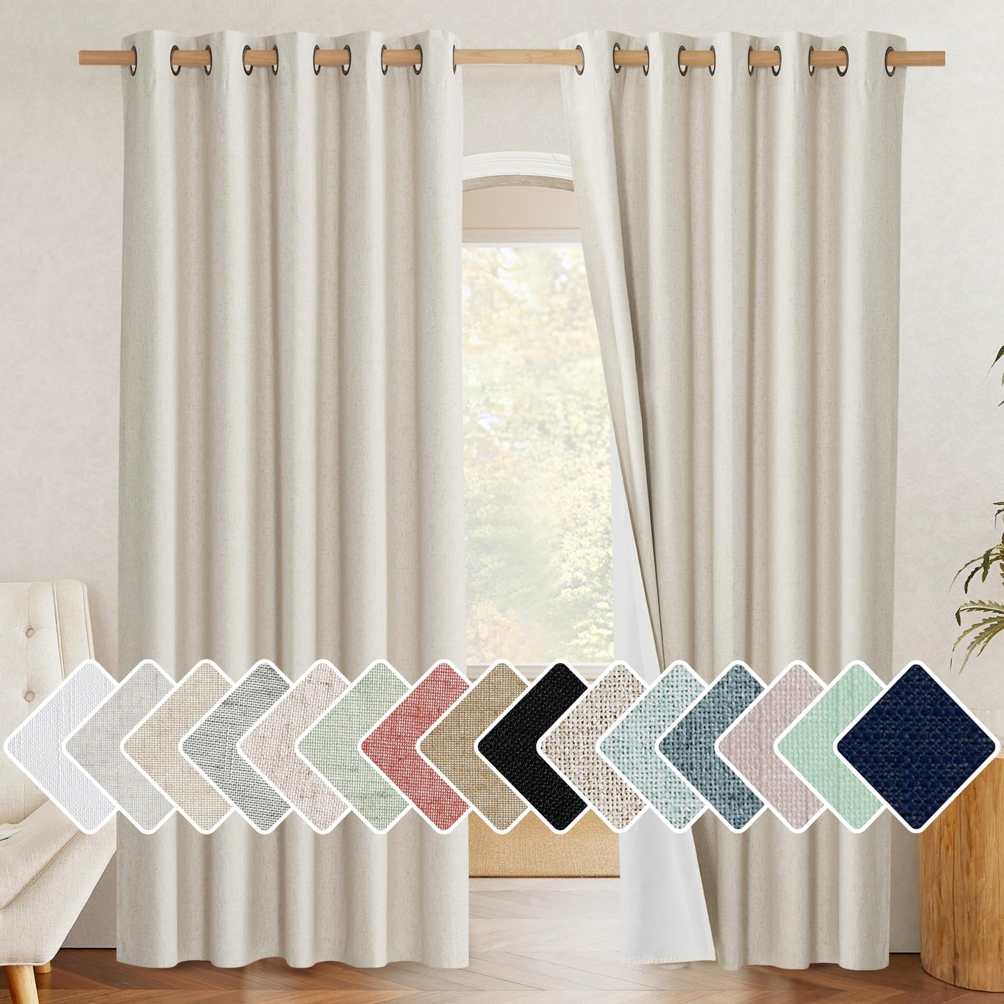 NICETOWN Natural 100% Blackout Linen Curtains 84 inch Long Burg for Living Room,1 Pair,62" Width Each Panel,Farmhouse Thick Completely Blackout Window Treatment Thermal Insulated Drapes