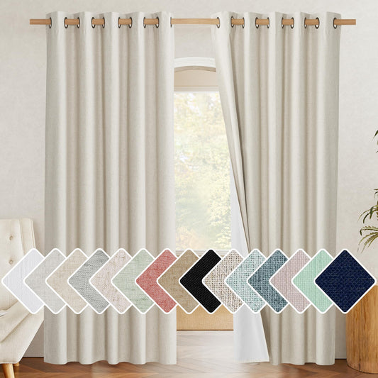 NICETOWN Natural 100% Blackout Linen Curtains 84 inch Long Burg for Living Room,1 Pair,62" Width Each Panel,Farmhouse Thick Completely Blackout Window Treatment Thermal Insulated Drapes