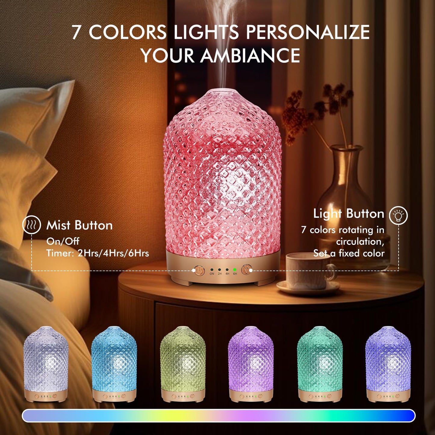 Glass Essential Oil Diffuser 200ml-Ultrasonic Aroma Diffuser with Glass Dome, Aromatherapy Diffuser with 4 Timers 7 Color LED Lights Auto Shut-Off Protection for Home Office Yoga Gift