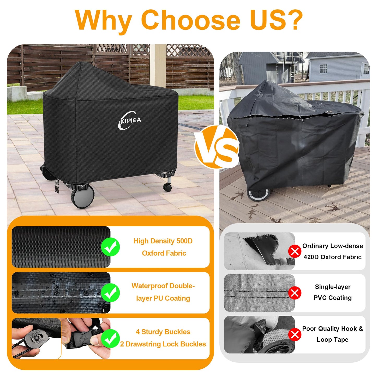 Kipiea 500D Heavy Duty Grill Cover for Weber 22 Inch Premium Charcoal and Smart Charcoal Grill - Performer Grill Cover with 4 Buckles, Wind Resistant Anti UV & No Tears (49" W X 25.5" D X 40" H)
