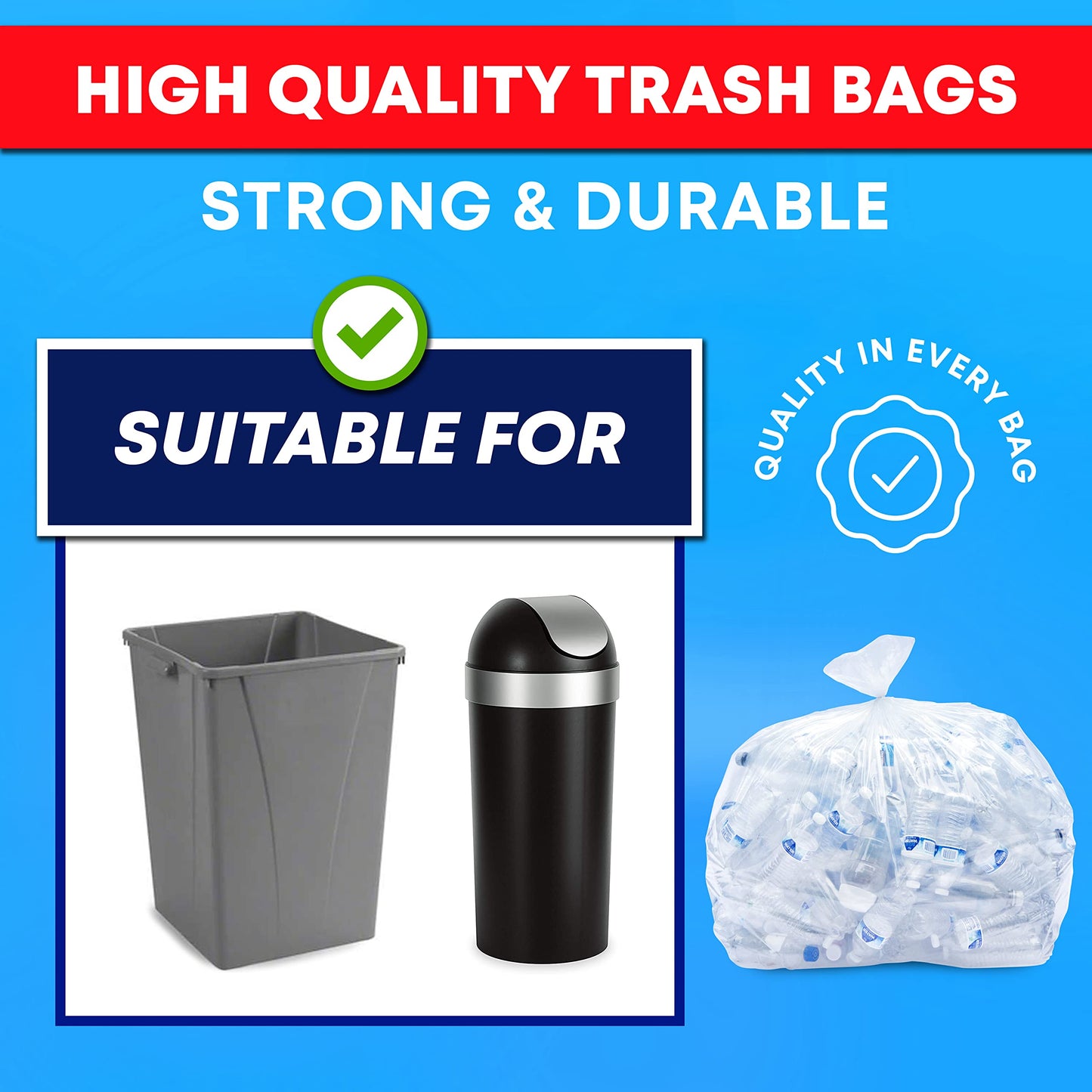 Tasker 30-33 Gallon Trash Bags Heavy Duty (Value 100/Bags w/Ties) Clear Large Plastic Recycling Garbage Bags. 30 Gal, 32 Gallon Clear Large Trash Bags