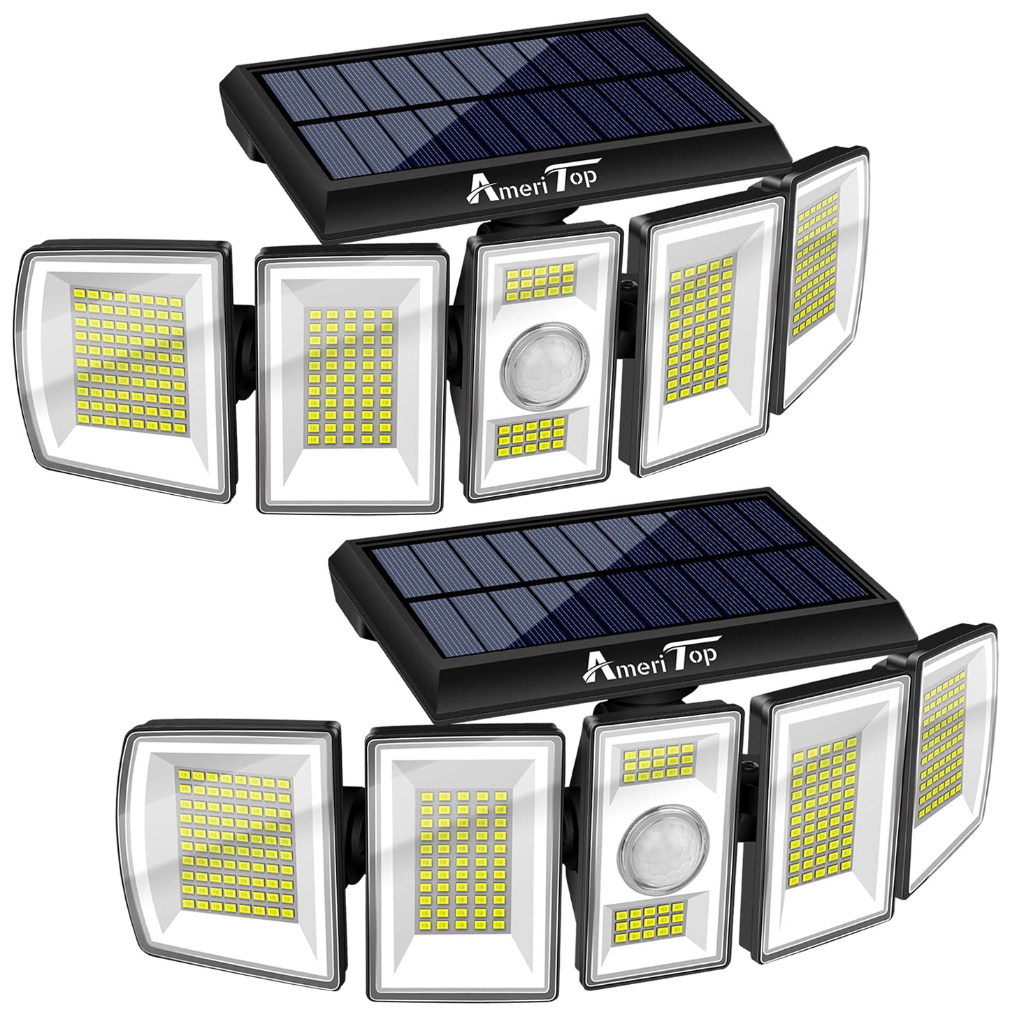 AmeriTop Solar Lights Outdoor 300 LED 7000K Motion Sensor Lights Cordless; 5 Adjustable Heads, 360° Wide Angle Illumination, IP65 Waterproof, Security LED Flood Light for Patio Yard Garden 2 Pack