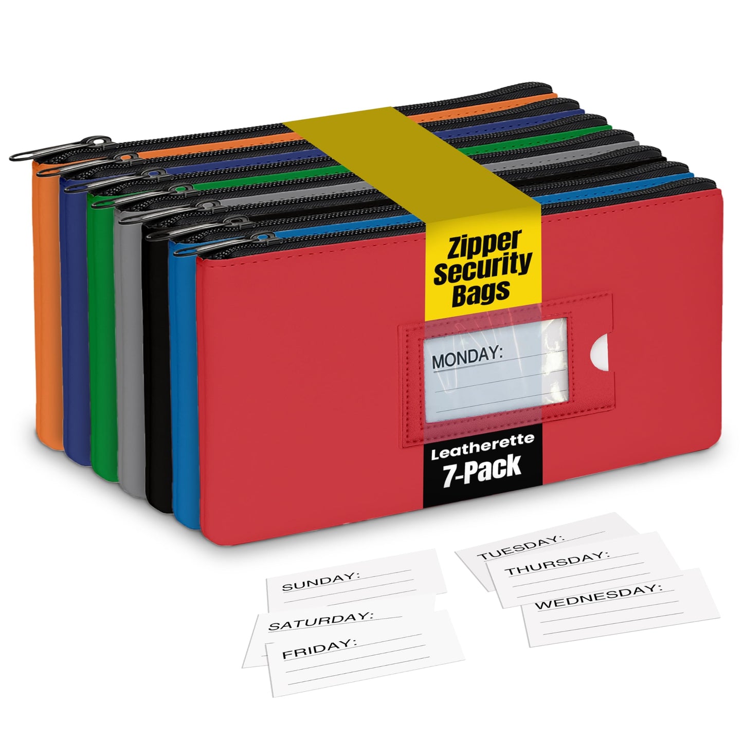 7 Pack, 7 Days Zipper Security Bank Deposit Bag, Clear Window & 14 Insert Cards (Mon - Sun + Blank), by Better Office Products, Leatherette, 11.25" x 6.25", Cash Bag, Utility Pouch, Assorted 7 Colors