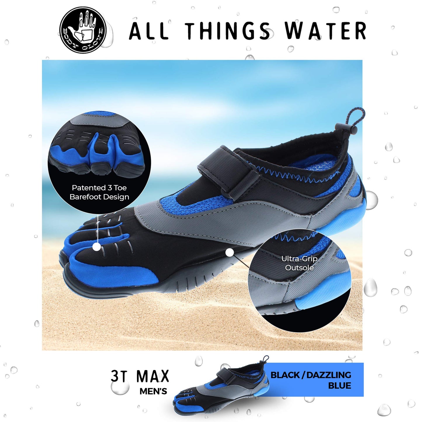 Body Glove 3T Barefoot MAX Water Shoe, Black/Dazzling Blue, 7