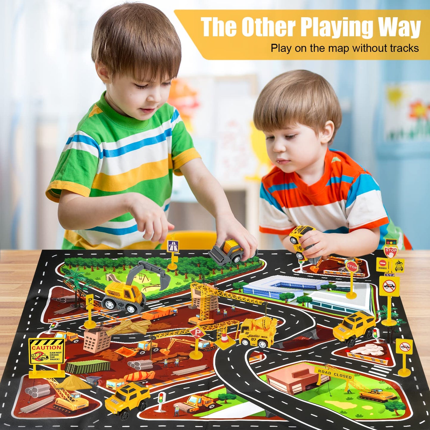 Kizplays 260 PCS Construction Race Tracks for Kids Toys, 2 Cars, 4 Construction Cars, 1 Map & Flexible DIY Track Set, Engineering Toys for 3 4 5 6 Year Old Boys Girls