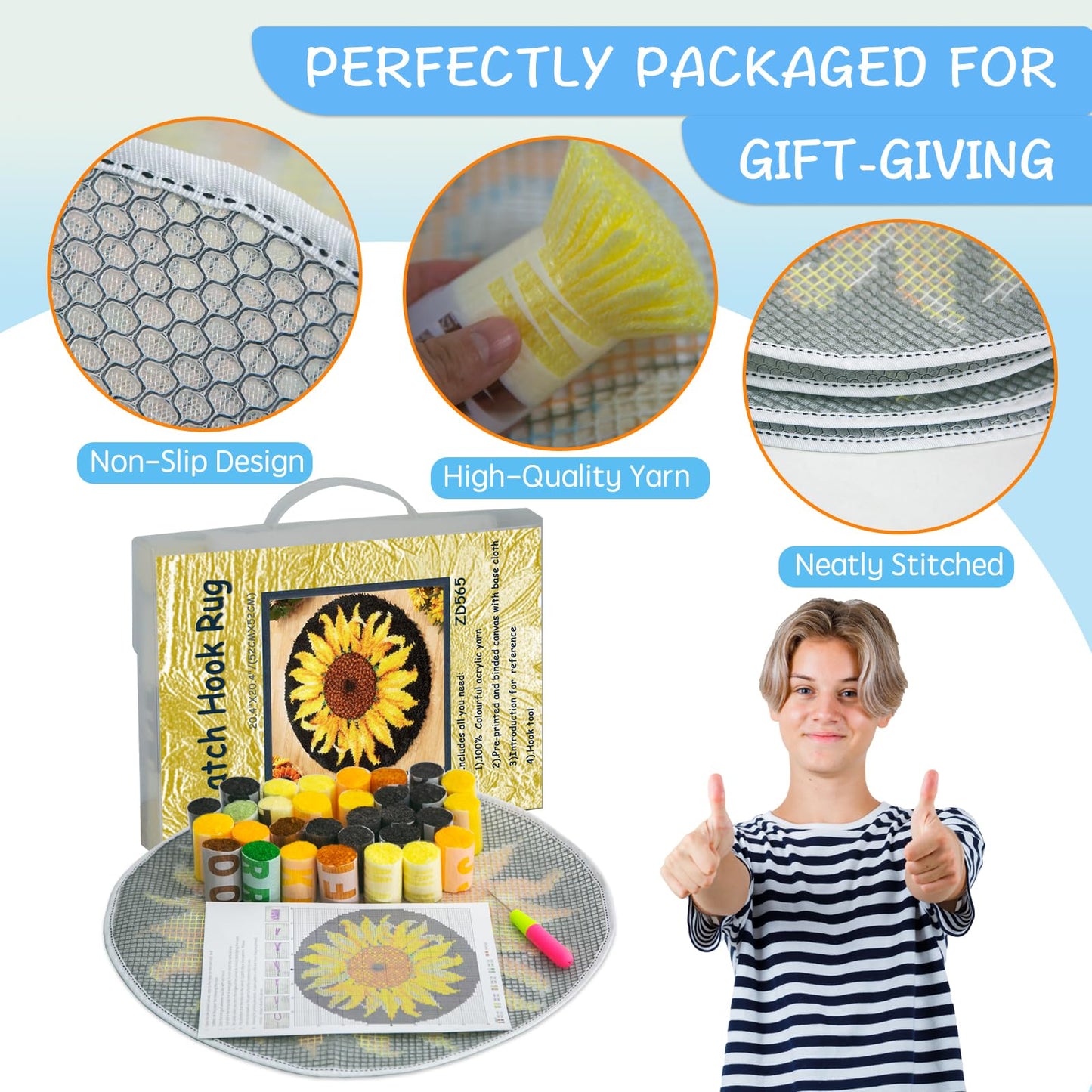Latch Hook Rug Kit, Sunflower Pattern Printed Canvas DIY Rug Crochet Yarn Kits, Embroidery Decoration 20.4" X 20.4" (52 * 52cm)