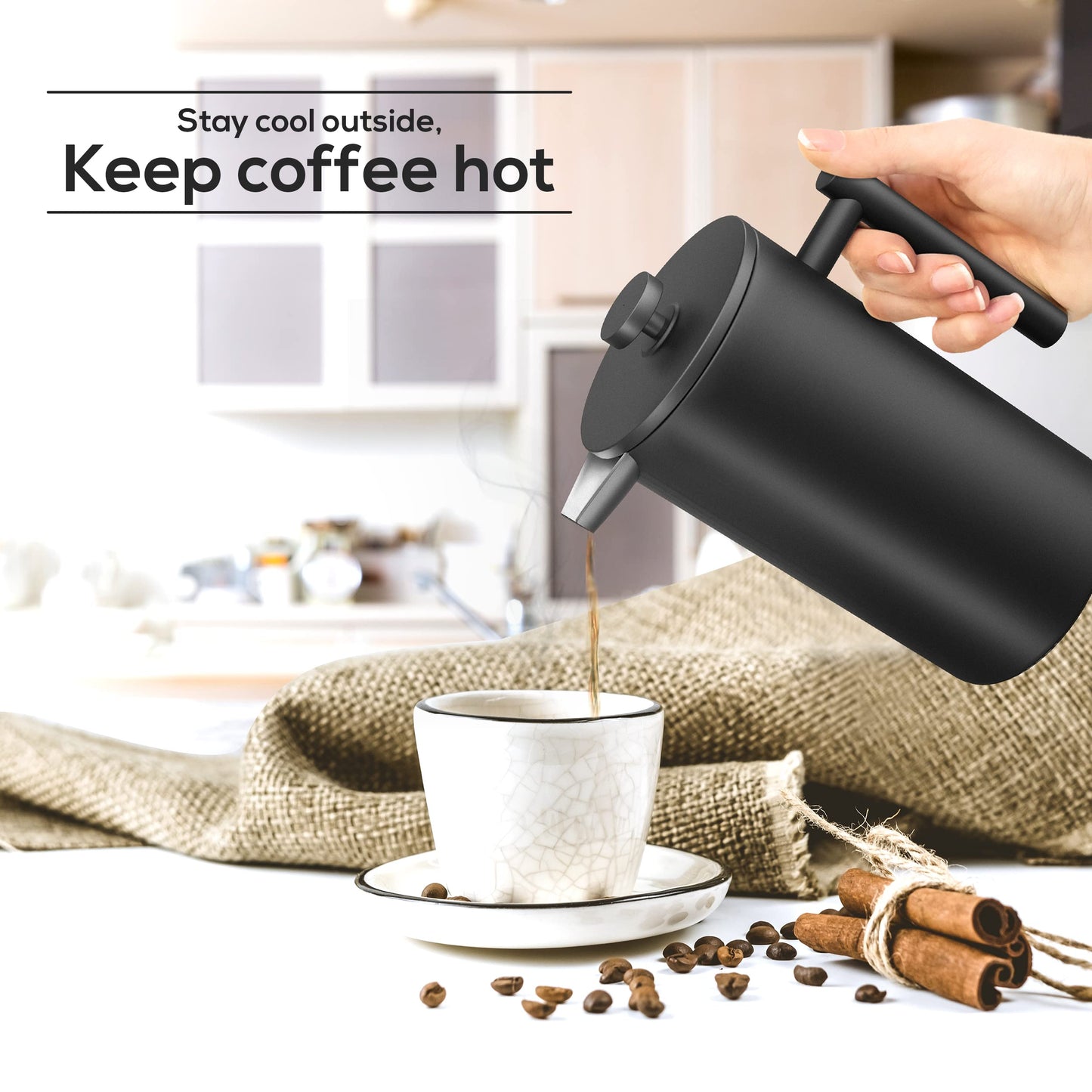 KICHLY - 50 OZ French Press, Stainless Steel Double Walled Insulated Coffee Press with Refined Filters, Espresso and Tea Maker - Black