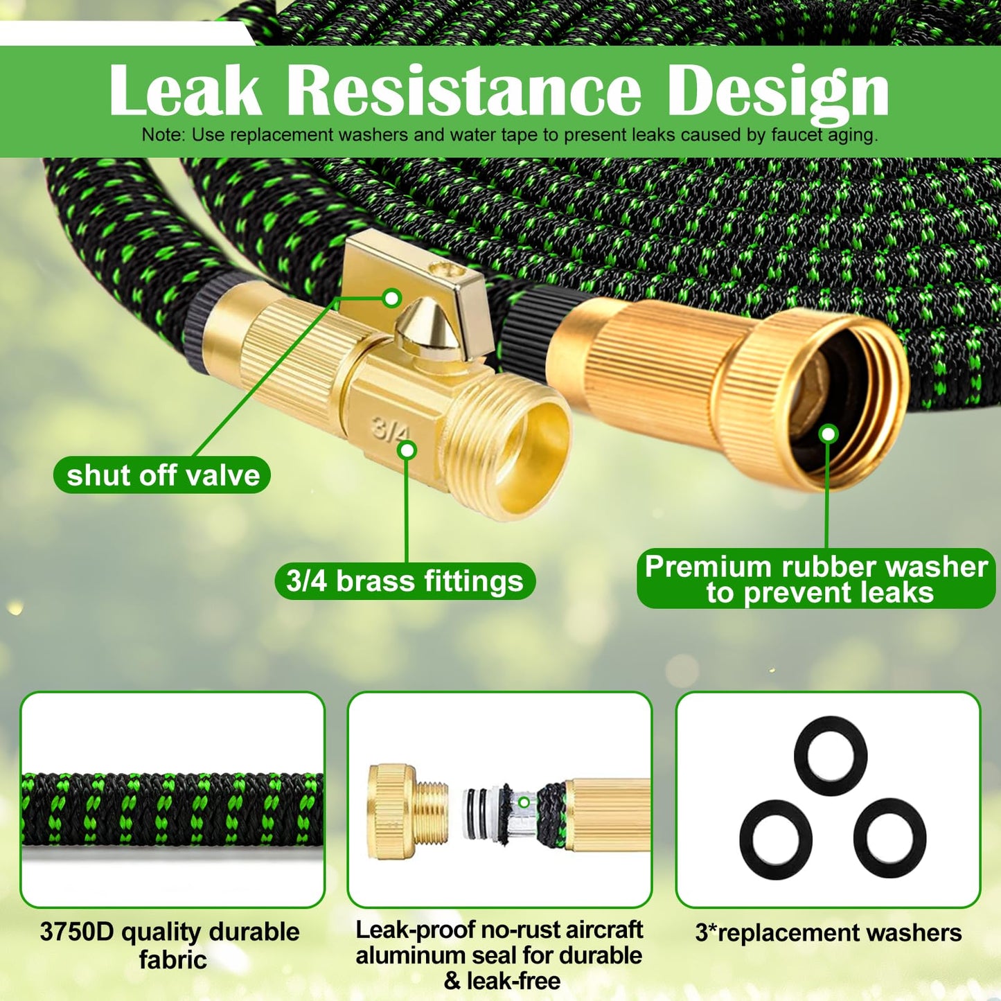 Expandable Garden Hose 100ft Water Hose with 10 Function Nozzle Flexible Expending Hose Kink Free,3-Layers Latex,3/4 Solid Solid Fittings Retractable Collapsible Gardening Hose Pipe with Hook Green