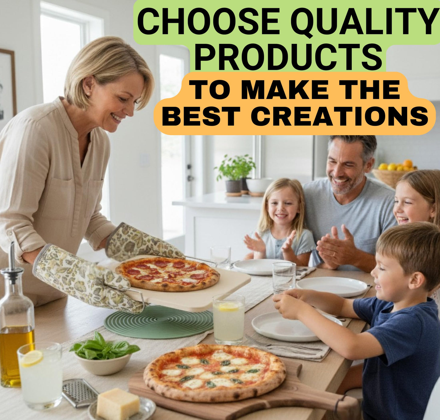 Pizza Stone - Pizza Stones for Oven and BBQ Grill - 5 PCS Pizza Making Accessories, 15 inch Pizza Stone with Handles, Wood Peel, Pizza Cutter, Dough Tool - Baking Stone - Pierre a Pizza 38cm x 30.5cm