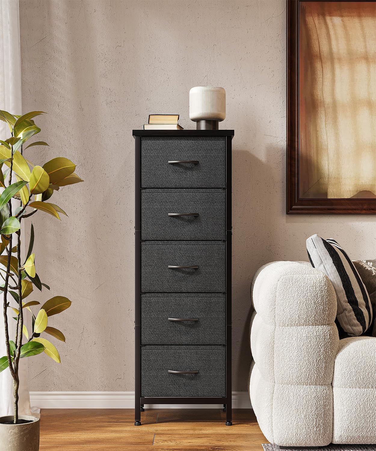 KitMent 5 Drawers Dresser, 47'' Tall Dressers for Bedroom, Storage Cabinete Chest of Drawers, Commode De Chambre for Entryway, Living Room, Bedside, Closet, Fabric Wooden Dresser Bins, Black