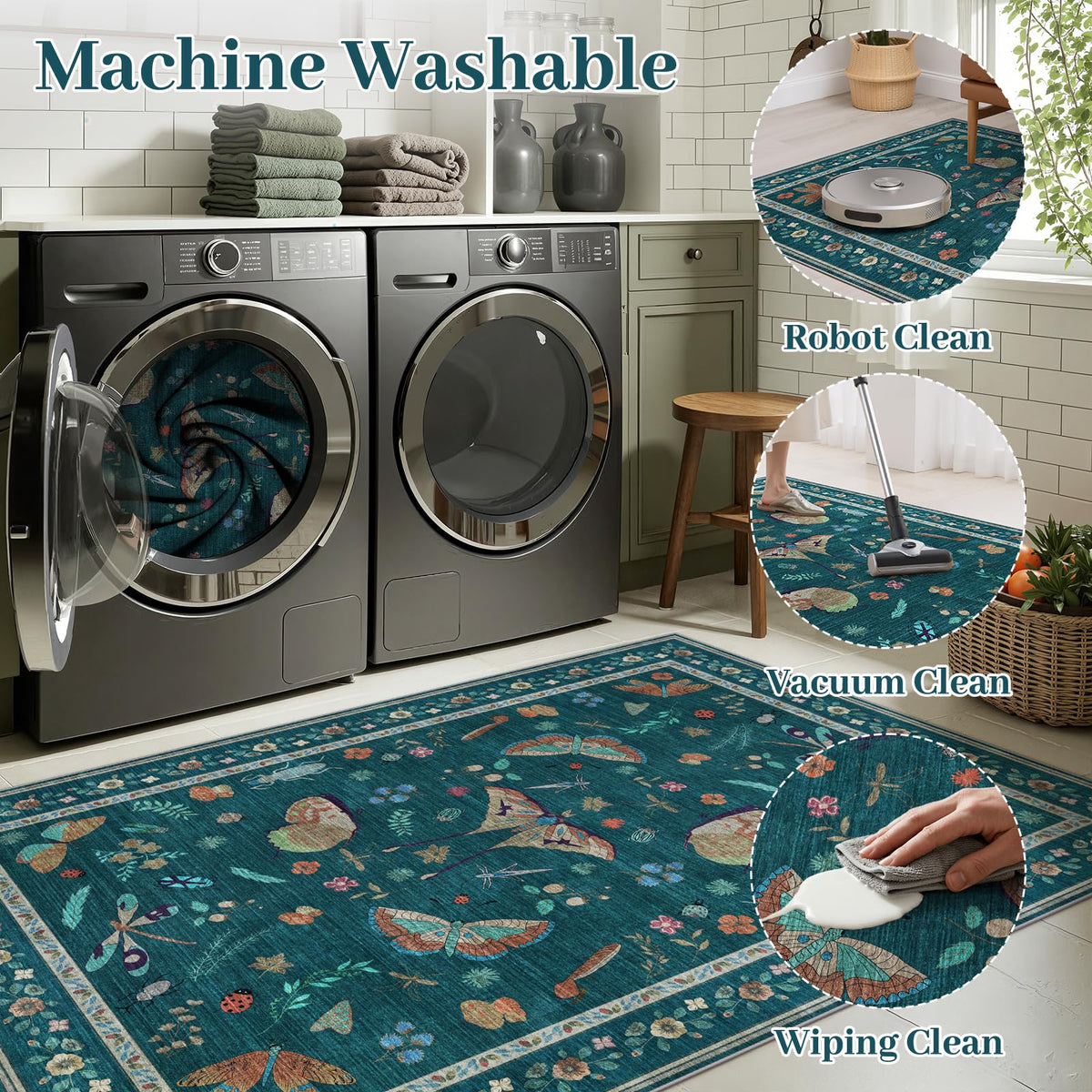 5x7 Washable Area Rug with Insect Print - Bug Rug Non-Shedding Stain Resistant Soft Carpet for Bedroom, Low Pile Ultra-Thin Machine Washable Carpet for Dining Room, Kids Nursery, Office (5'x7' Teal)