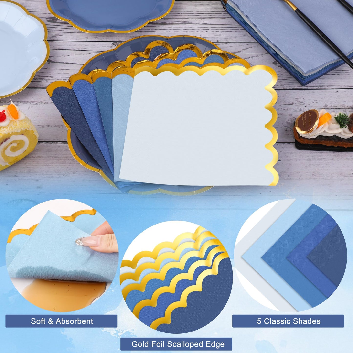 Kochorie 100 Pcs Dusty Blue Paper Plates and Napkins Gold Foil Scalloped Paper Plates & Napkins Disposable Tableware Set for Birthday Wedding Baby Shower Party Decorations