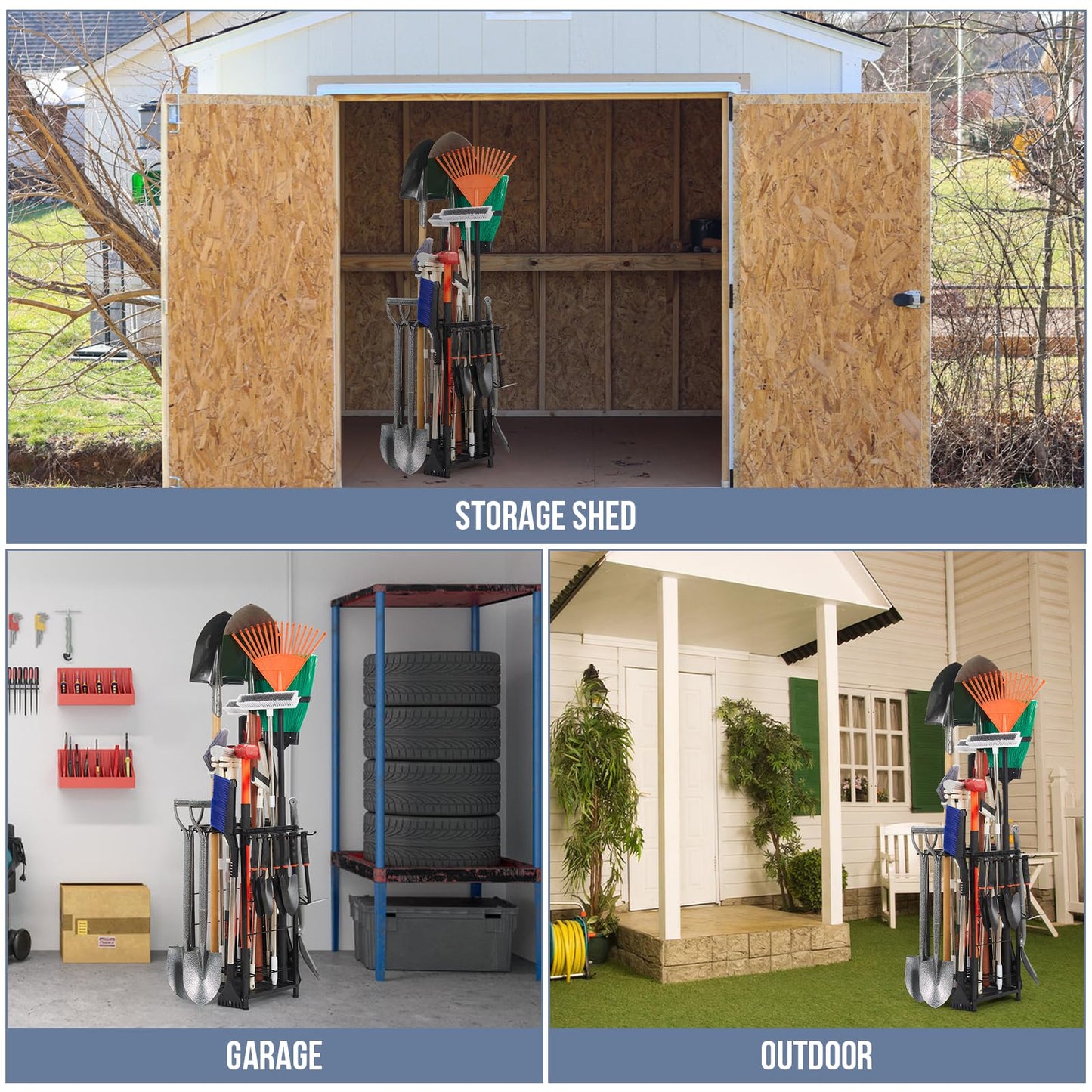 Garden Tool Organizer Holds 50 Long-Handled Tools/Rakes/Brooms/Shovles for Garage Organization and Storage, Shed, Outdoor, Lawn, Heavy-Duty Steel, Black, Easy Assembly (Corner)