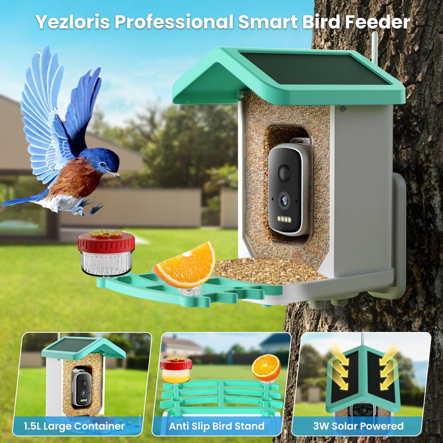 Yezloris Smart Bird Feeder with Camera, 2.5K HD AI Bird Watching Camera, Wireless Outdoor Solar Powered, Identifies 18000+ Species, Motion Detection, Night Vision, Waterproof – Gift for Bird Lovers