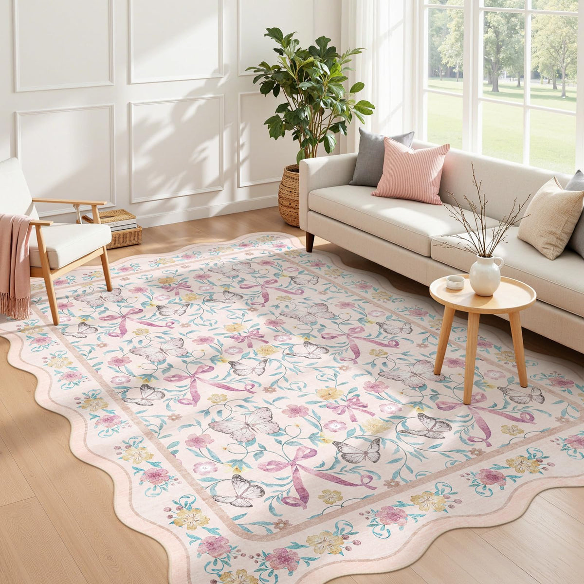 5x7 Pink Nursery Rug for Bedroom, Scalloped Washable Area Rugs for Kids Room, Bow Floral Carpet for Girls Room, Cute Ultra-Soft Non Slip Boho Carpet for Playroom, Dorm (Pink)
