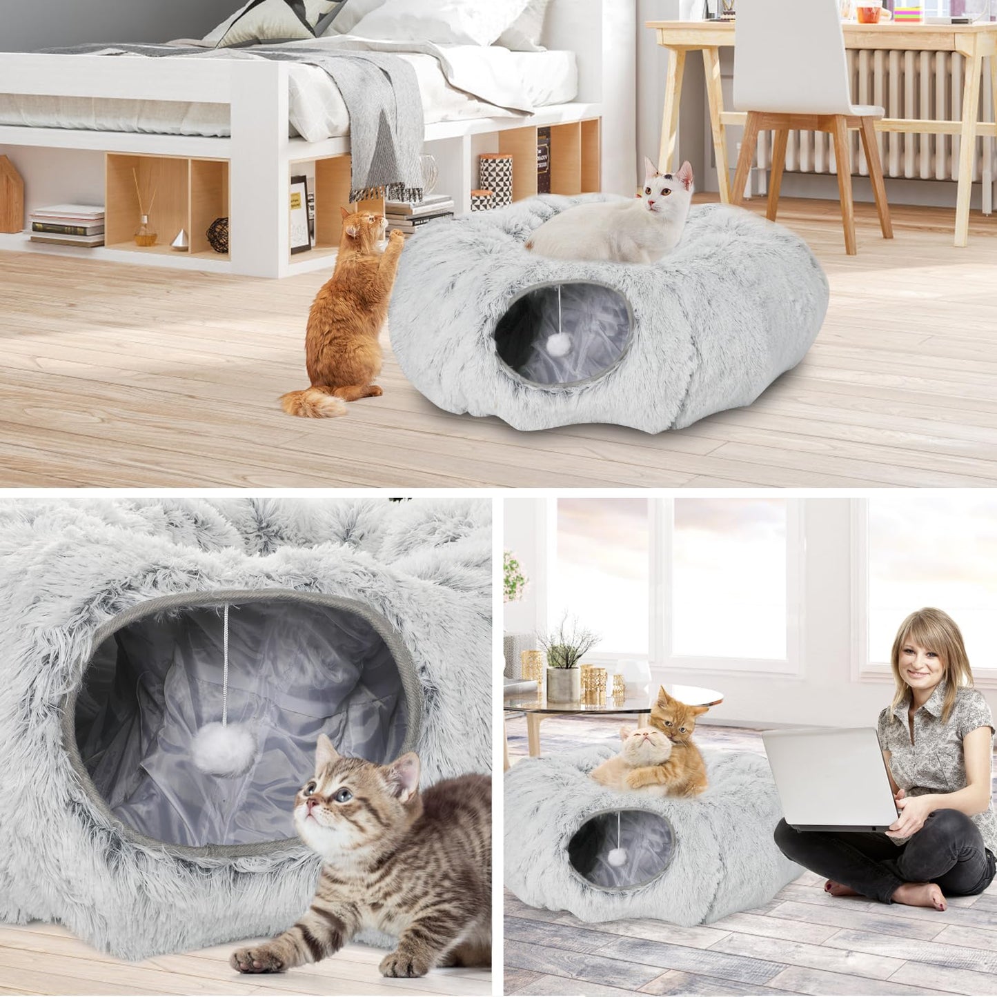 Lonepetu Cat Tunnel Bed for Indoor Cats, Warm Plush Collapsible Cat Donut Tunnel with Central Mat, Fluffy Cat Cave Tube with Hanging Ball for Cat Kitten Rabbit Puppy Ferret