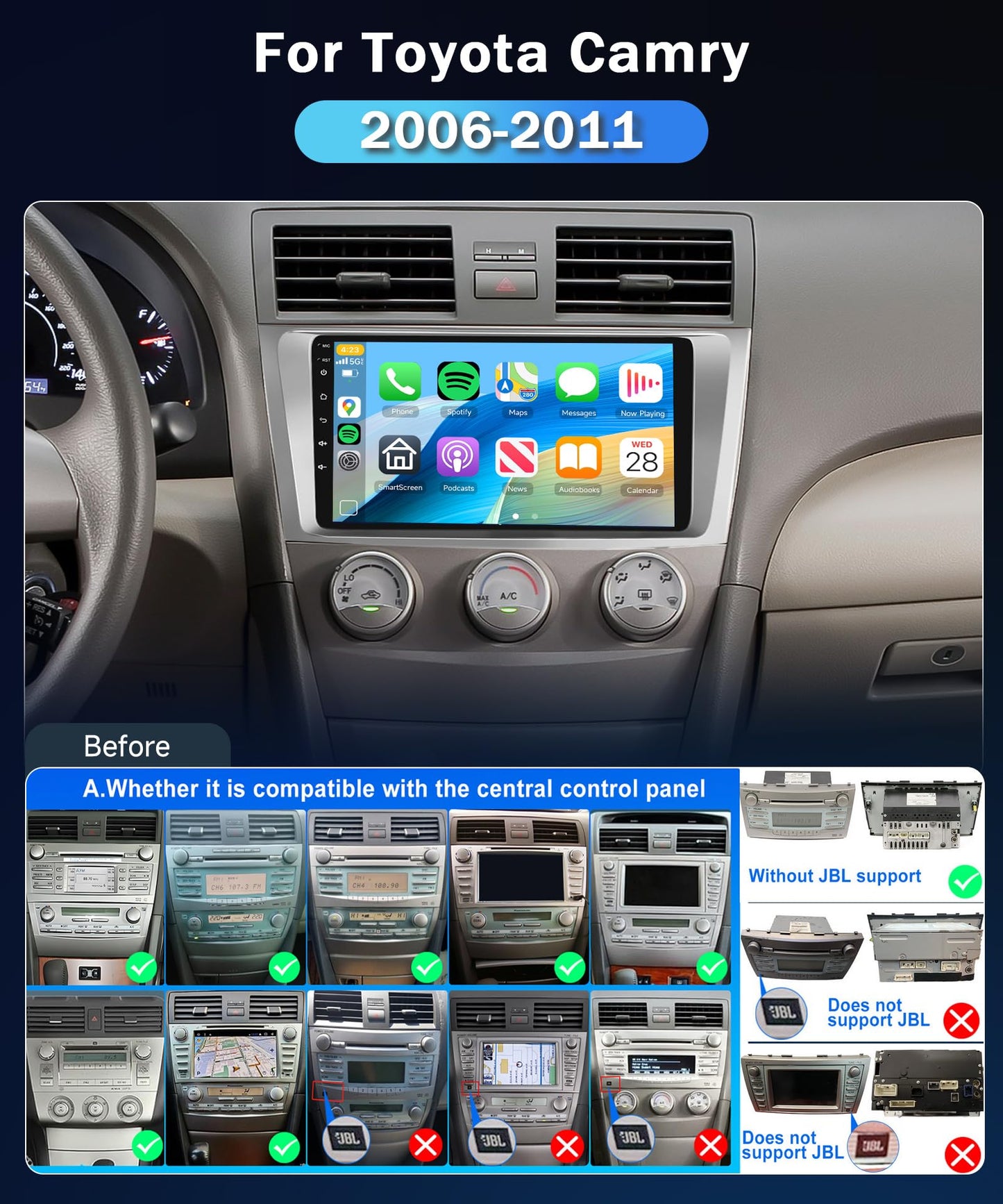 2+64G for Toyota Camry 2006-2011 Car Radio with Wireless Carplay/Android Auto,Android Car Stereo 9 Inch Touch Screen GPS,26UI,WiFi,Bluetooth,FM/RDS,EQ,Mirror Link,SWC+ Backup Camera&Mic