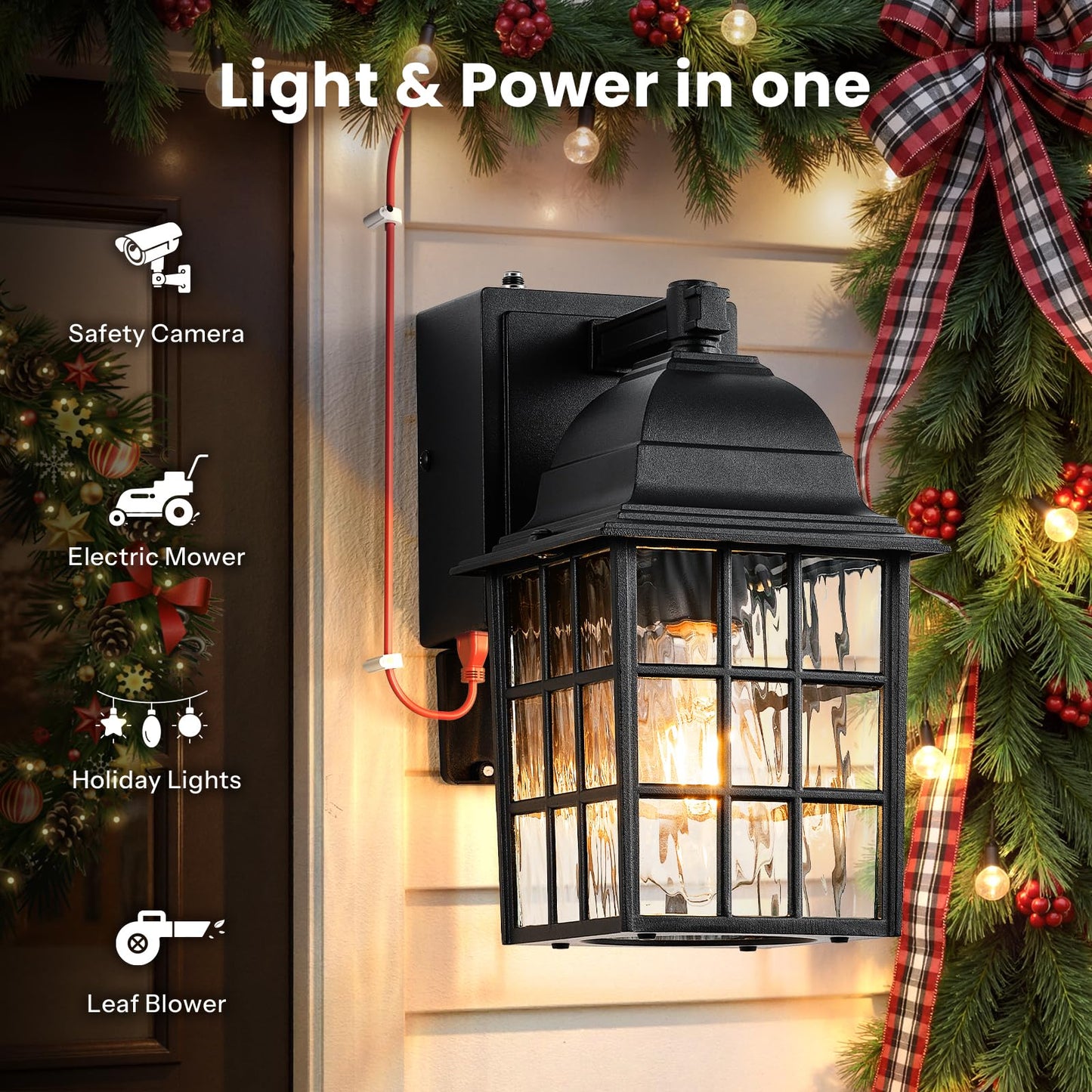 Gleamz Dusk to Dawn Outdoor Porch Light with GFCI Outlet, Modern Black Exterior Lighting Fixtures Wall Mount for House, Anti-Rust Outdoor Wall Sconce Lantern for Garage Coach with Water-Ripple Glass