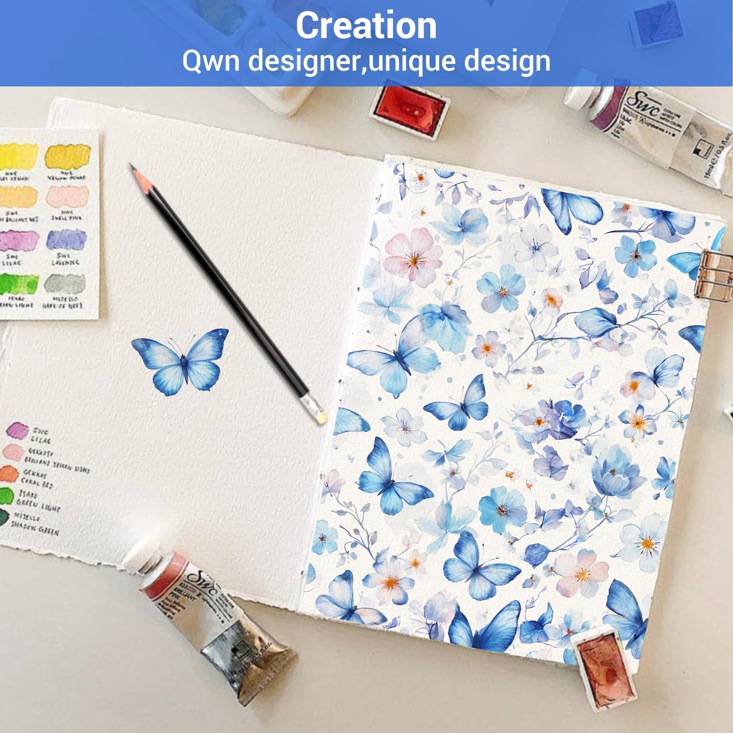 Softan Queen Floral Sheets, Microfiber Blue Flower Printed Fitted Sheets with Non-Slip Straps and 15" Deep Pocket, Butterfly Patterned Cozy Bed Sheets Queen, Buttertfly Sheets & Pillowcase Sets