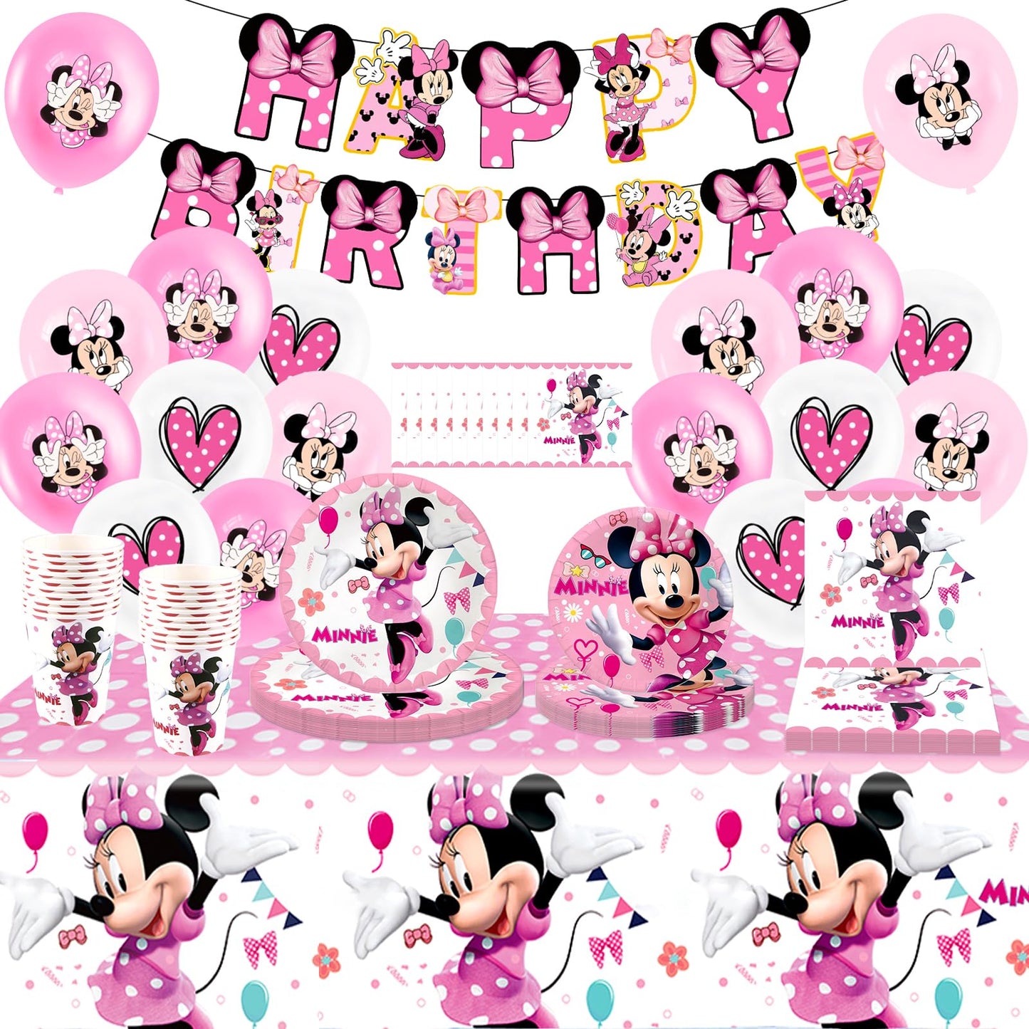 Pmn 70PCS Min Birthday Party Decorations, Cartoon Theme Party Supplies Include Birthday Banner, Balloons, Happy Birthday Plates, Tablecloth for Kids Birth day Party