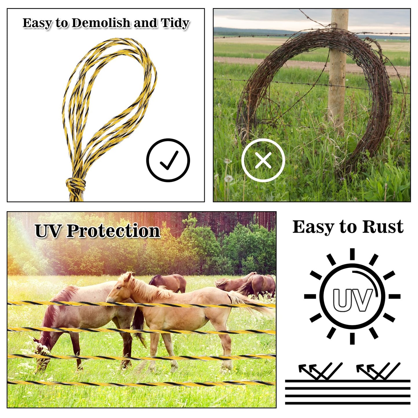 Electric Fence Polywire 1312 Feet 400 Meters, Upgraded 9 Stainless Steel Strands for Reliable Conductivity, Portable PVC-Coated Fiberglass Electric Fencing Rope, UV, Rust Resistant for Livestock