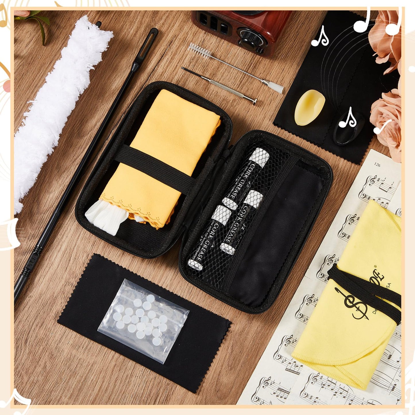 Vesici 40 Pcs Flute Cleaning Accessories All in 1 Flute Cleaner Maintenance Kit Care Kit with Brush Cleaning Rod Swab Plugs Thumb Rest Cushion(Yellow)