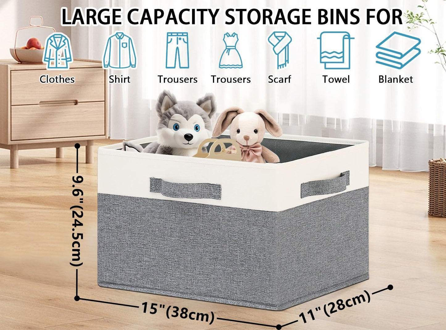 TxvzgHome Large Storage Baskets for Shelves 3 Pack | 15x11x9.6in Fabric Storage Bin with 3 Handles | Collapsible Closet Storage Bins for Shelves (White&Grey)