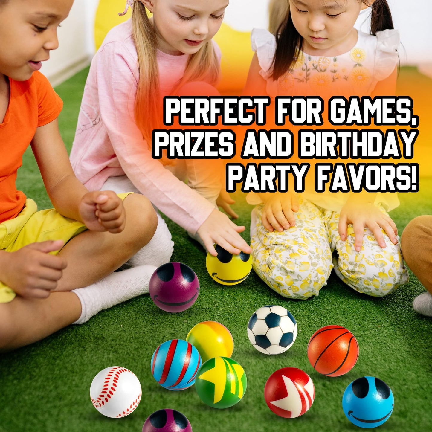 50 Mini Stress Balls Assortment - Bulk 2 Inch Soft Toy Variety Pack Stress Relief Balls, Squeezable Sensory Fidget Balls for Kids, Party Favors, Birthday Gifts for Boys & Girls