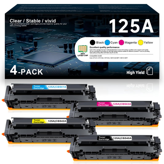 125A Toner Cartridges 4 Pack High Yield Replacement for HP 125A Toner CB540A CB541A CB542A CB543A Color CP1215 CP1518ni CP1515n CM1312nfi MFP CM1312 MFP Printer Ink (Black, Cyan, Magenta, Yellow)