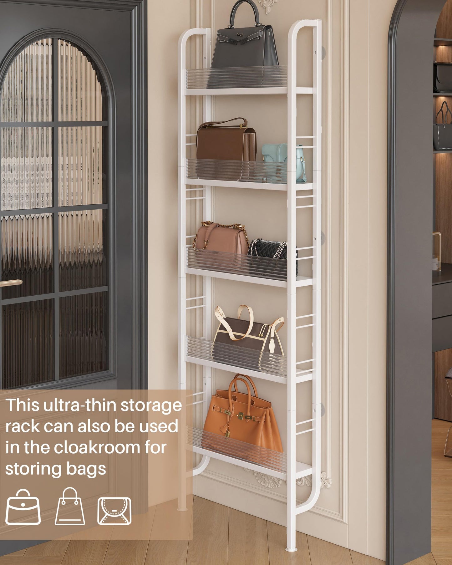 Ornestia Behind Door 5-Tier Narrow Metal Storage Shelf, Tall Slim Freestanding Bathroom Organizer Rack, Space Saving Shelving Unit Bookshelf for Kitchen Washroom Laundry Pantry White