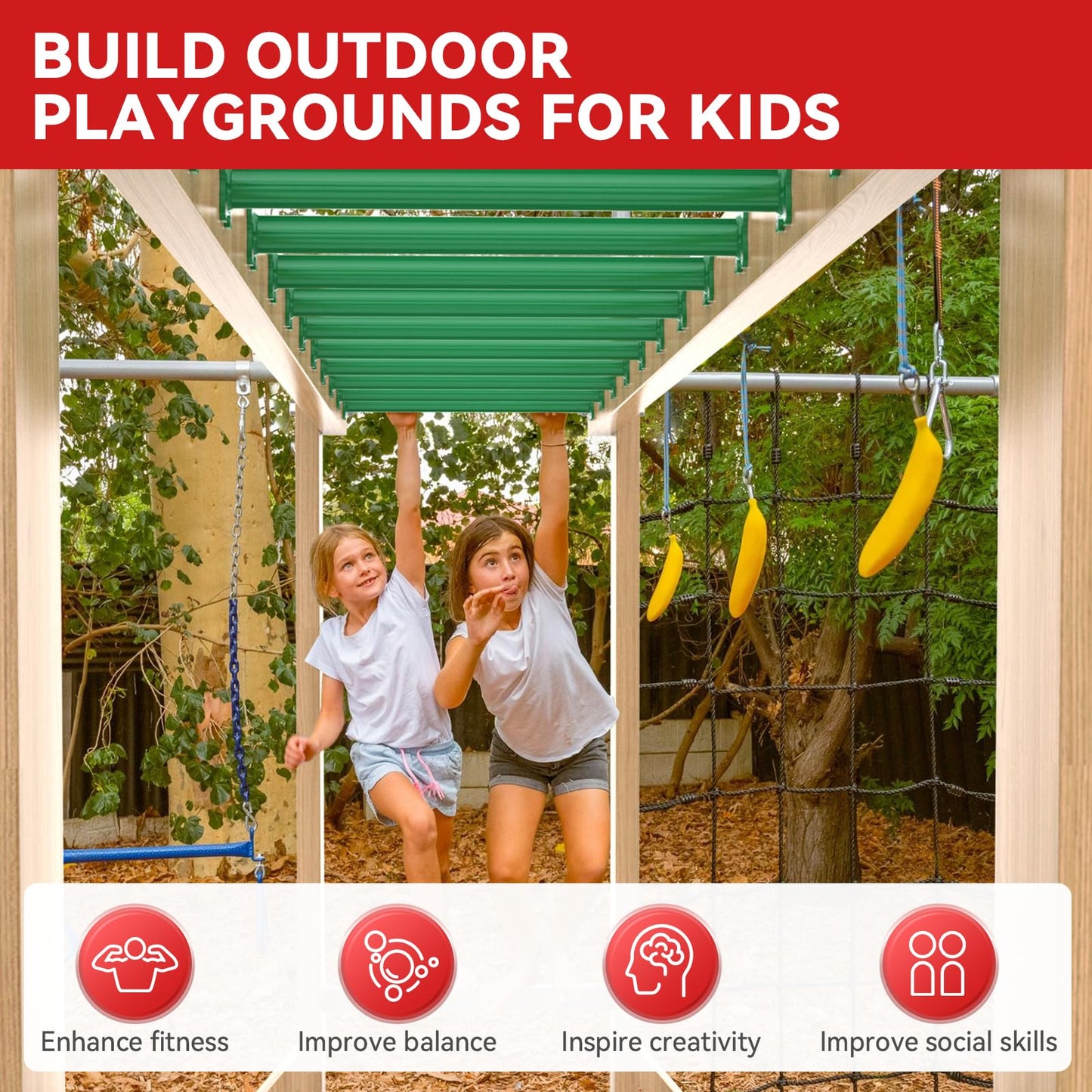 16.5 Inch Monkey Bars Kit Playground Ladder Rungs for Backyard Indoor Outdoor Kids Metal Monkey Bars Swing Set Playset Accessories (Green, 6 Pcs)