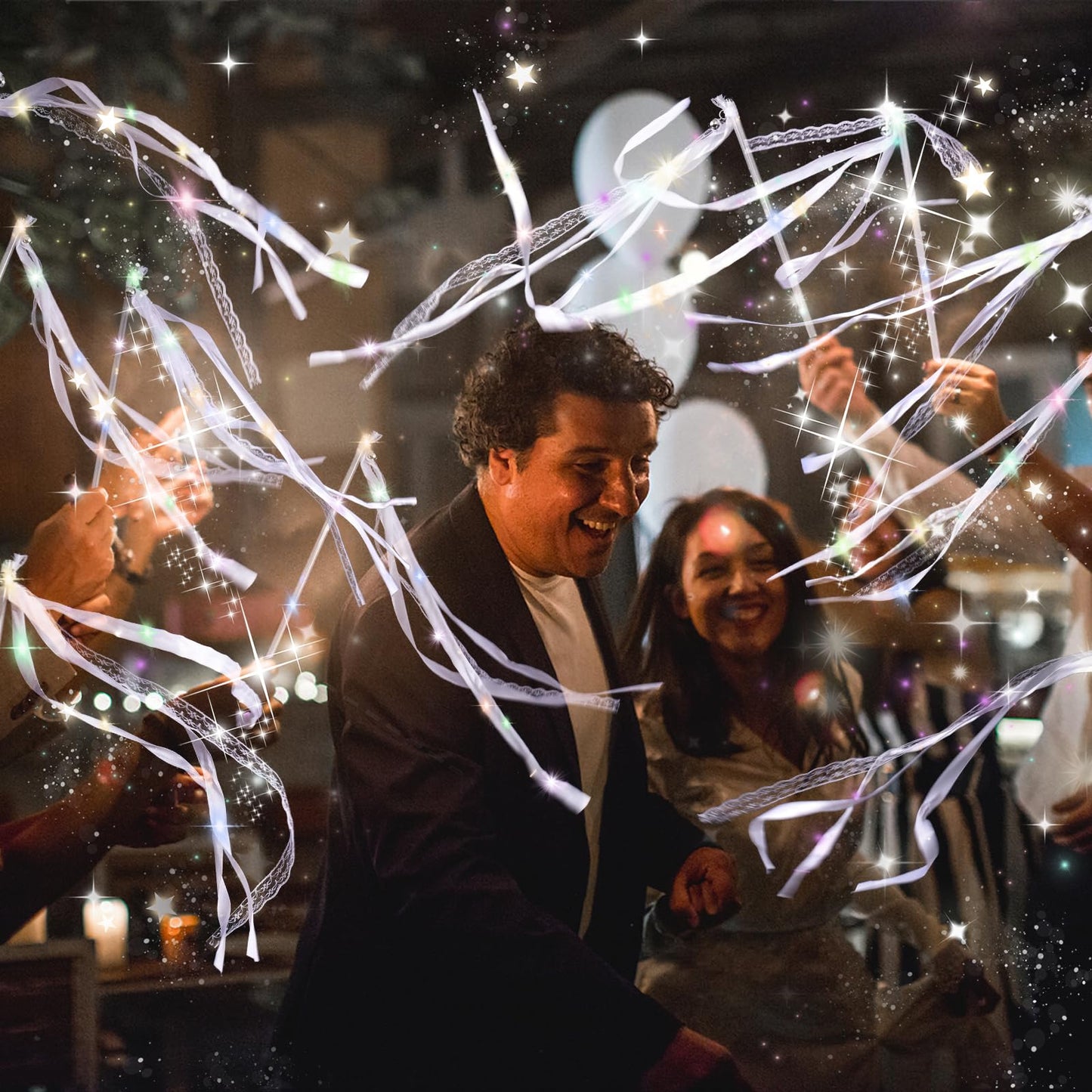 AUGFRYZIAN 100 Pieces Light up Wedding Wands with Ribbons & Bells –LED Silk Wedding Fairy Wands Streamers with Warm White & Colorful Lights for Wedding Send Off Ideas, Parties, and Celebrations