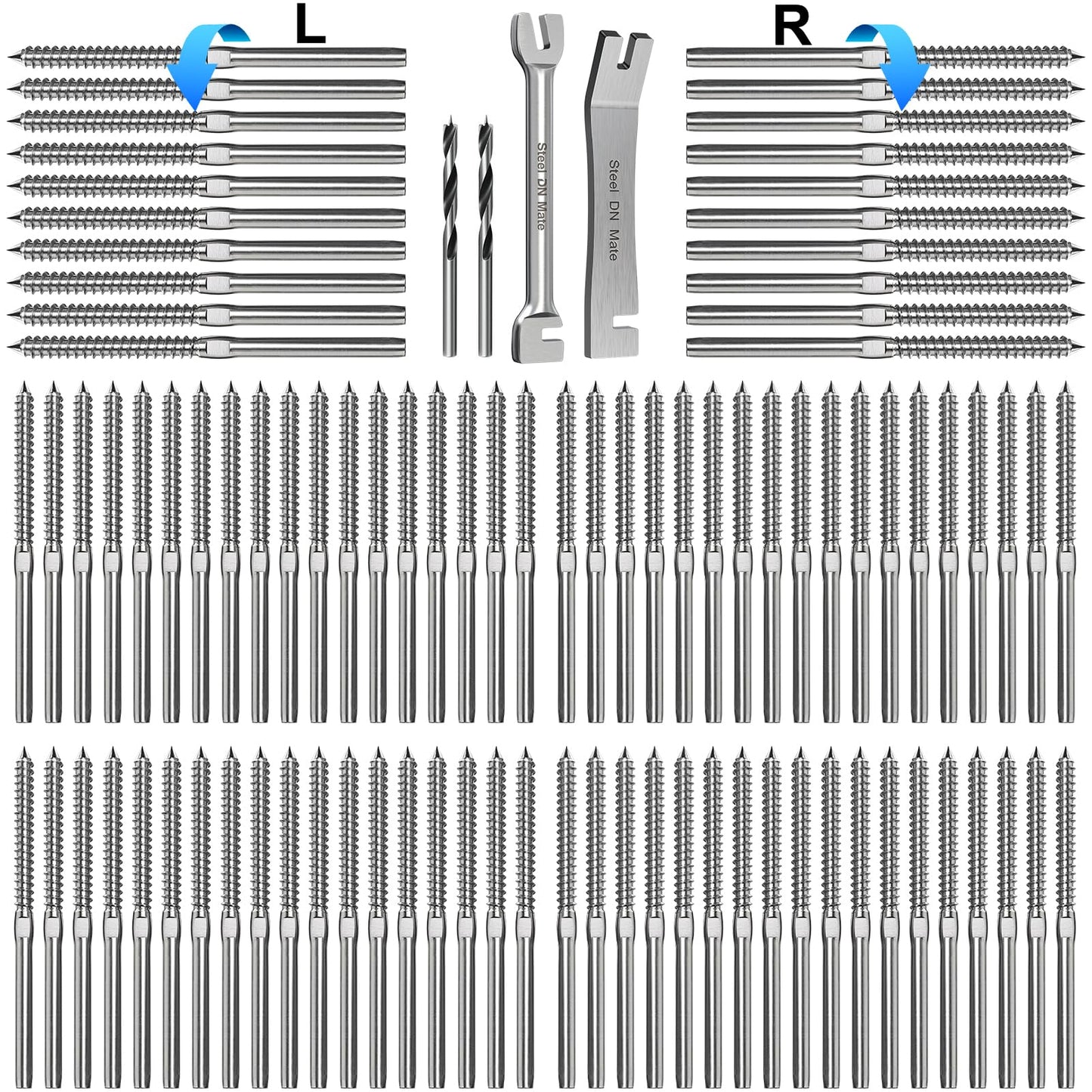 Steel DN Mate 100 Pack T316 Stainless Steel Right&Left Handed Thread Swage Lag Screws for Wood Post of 1/8" Steel Cable Railing Kit, Cable Railing Hardware, DIY Wood Baluster, Wrench Include, DM50