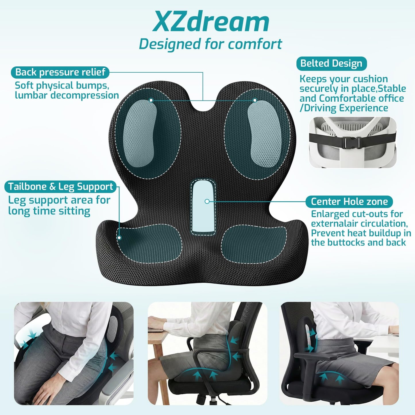 XZdream Memory Foam Seat Cushion,Office Cushion with Lumbar Support for Back Pressure Relief,Truck Seat Cushion with Adjustable Strap,for Car,Truck, Desk (Black+Mesh Cloth)