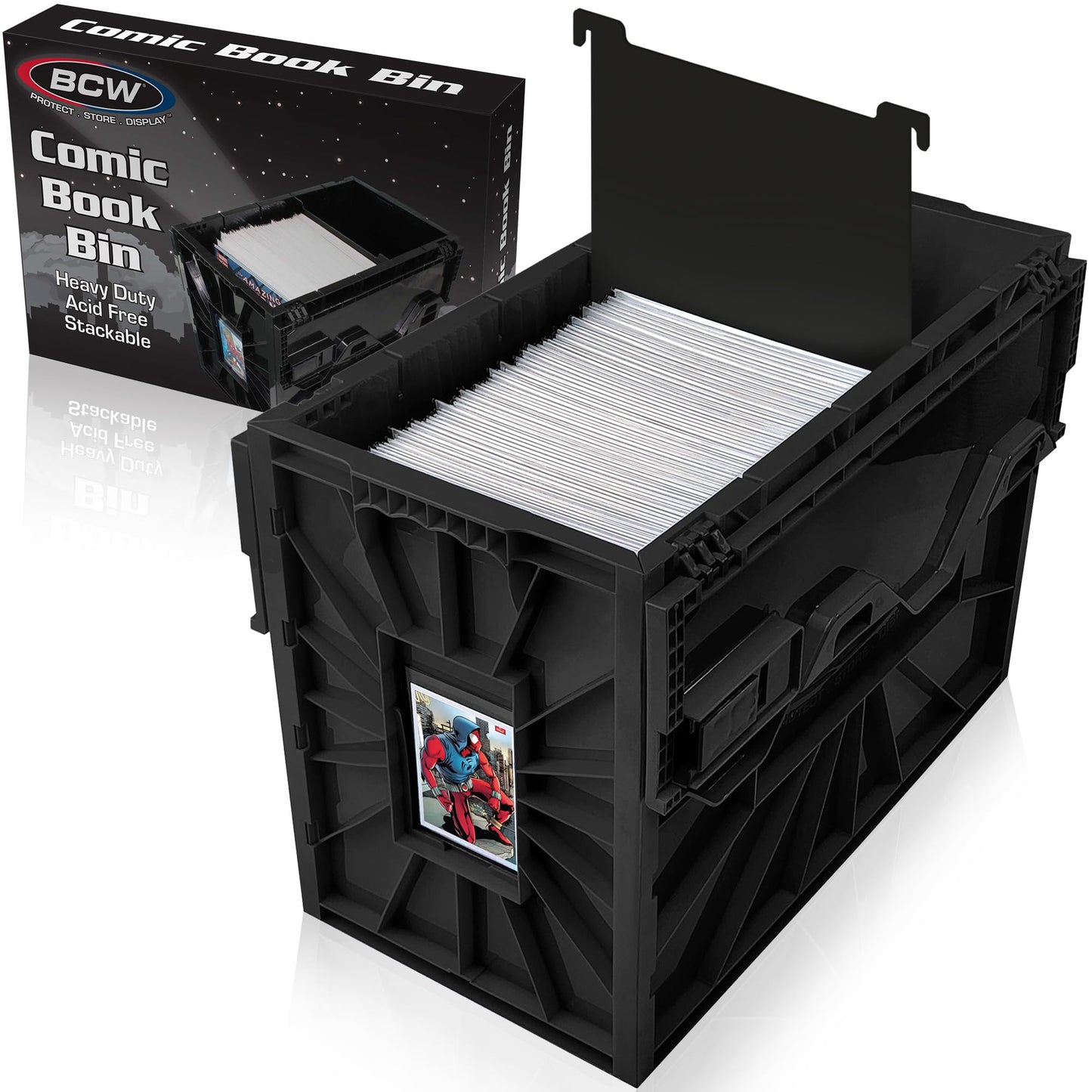 BCW Short Comic Book Bin – Black, 1 Pack | Holds 150 Comics | Acid-Free Heavy-Duty Plastic Storage Box with Partition | Stackable Organizer for Comic Collectors