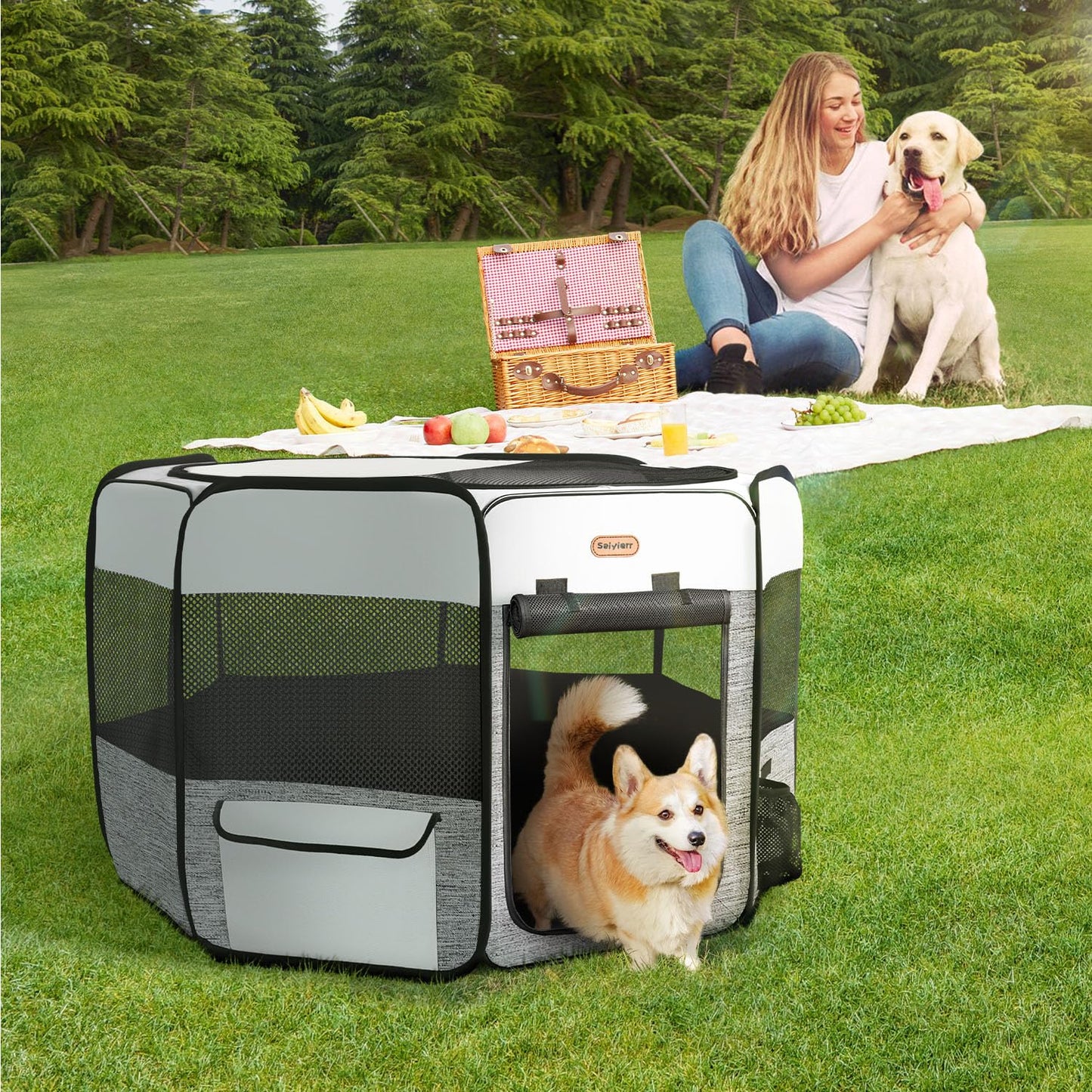 Seiyierr Dog Playpen, Portable Puppy Playpen, Pet Playpen, Dog Playpen for Small Dogs Cats Indoor Outdoor, Dog Play Pen with Carring Case, Removable Shade Cover