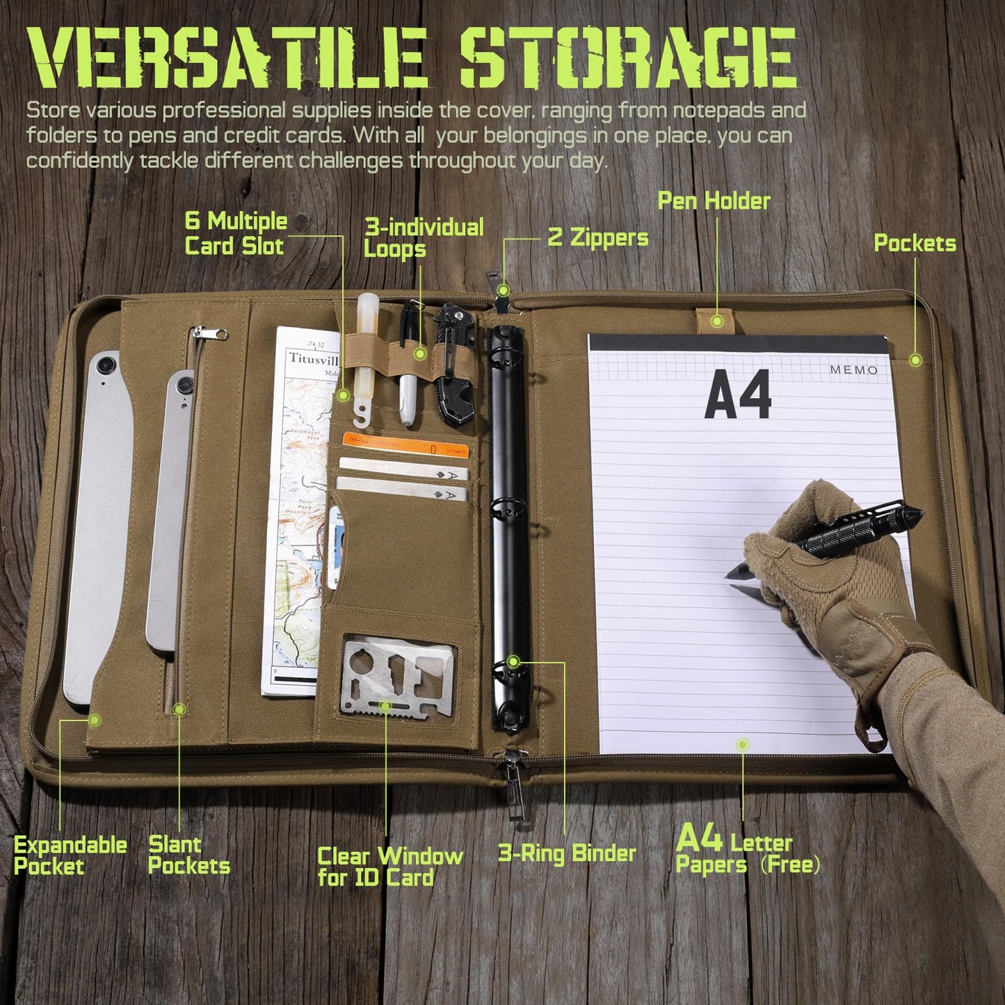 LIVANS Tactical Notebook Portfolio Padfolio Ring Binder with Zipper Army Military Notebook Planner Contains 25 Sheets A4 Letter Paper and Detachable 3-Ring Binder Multi-Storage Handle Bag for Out-work