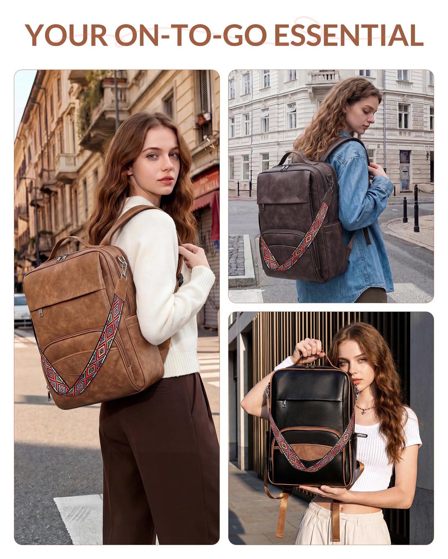 SYTRAH Leather Laptop Backpack, 15.6 Inch Business Computer Bag, Designer College Backpack Travel Backpack with Colorful Shoulder Bag Strap Black