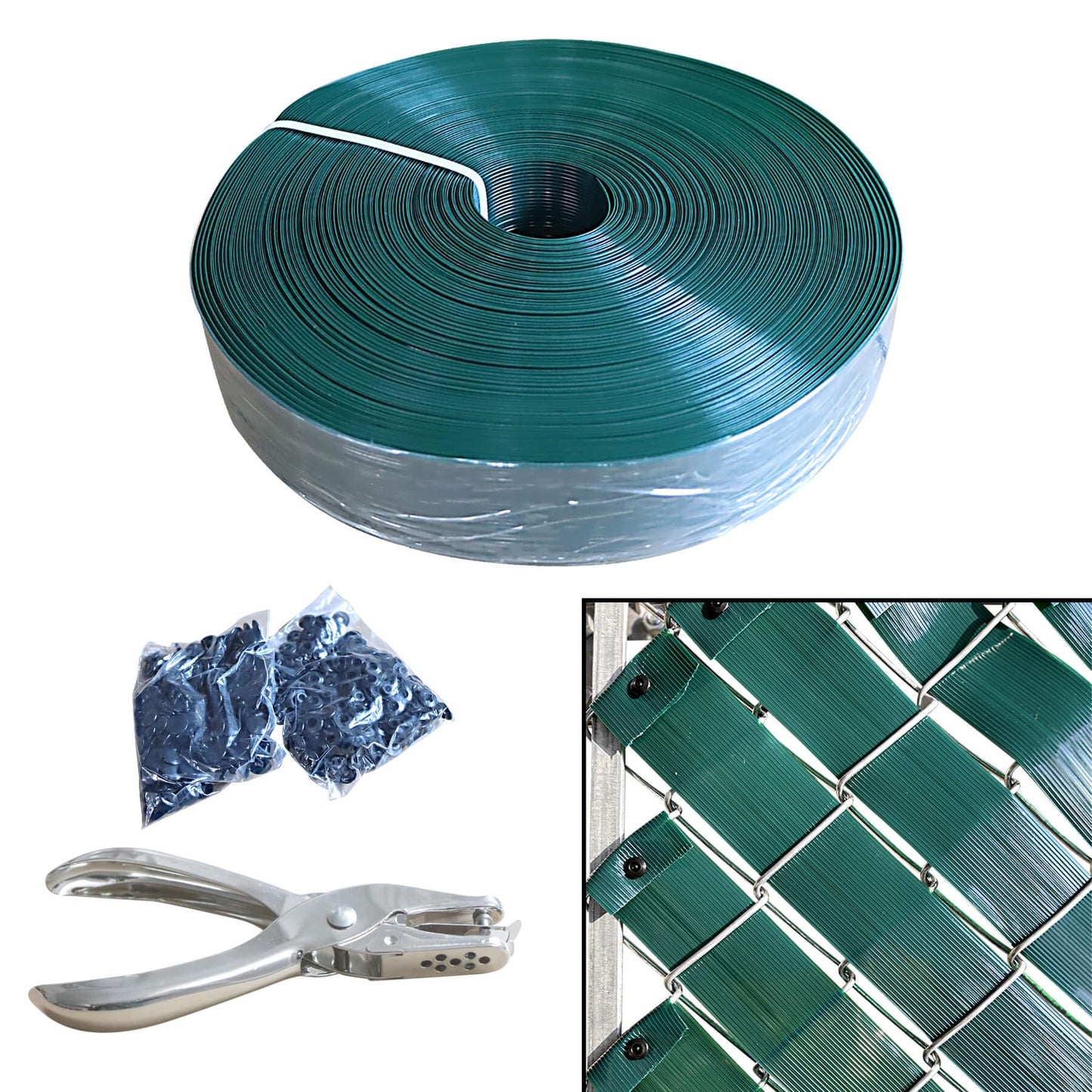 Aiwaiufu 76 Meters Chain Link Fence Privacy Tape, 250ftX0.15ft Chain Link Slats with 200 Packs Snap Fastener&Punch Tool, Fence Covering Privacy, Green