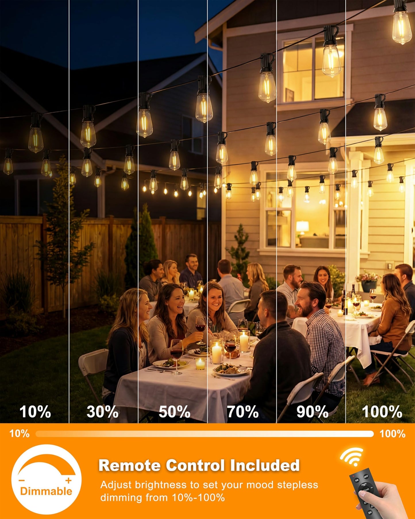 Pesken Solar String Lights Outdoor, Waterproof ST38 LED Patio Lights with Remote & USB Charge, 2700K Dusk to Dawn, Timer & 3 Modes, 54FT Dimmable Solar Powered String Lights for Backyard, Camping