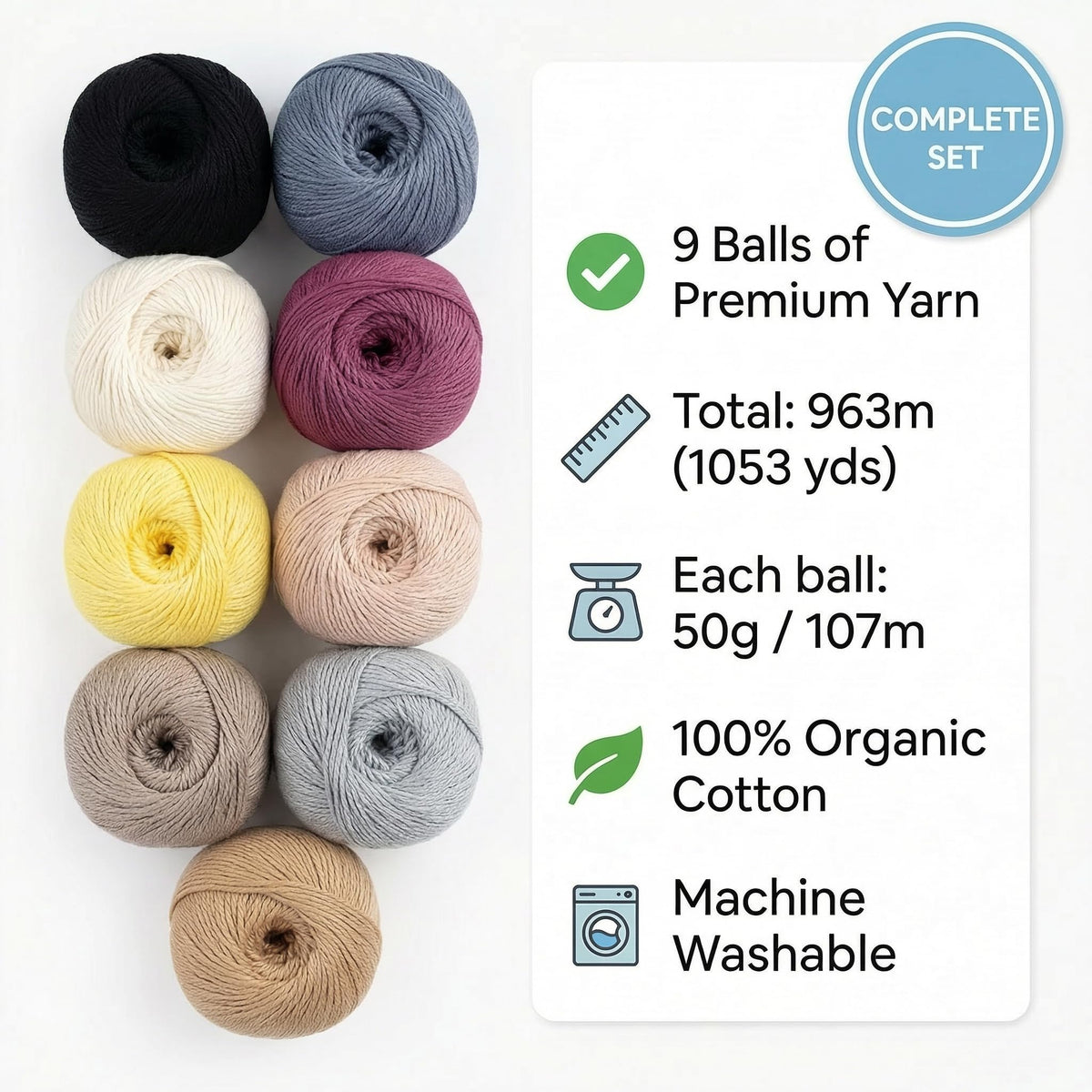 About Strings 100% GOTS Organic Cotton Yarn - 9 Neutral Colors Expresso Box Set, True DK Weight, Machine Washable, Baby Safe, 963m Total (50g x 9) Crochet Knitting (Expresso)