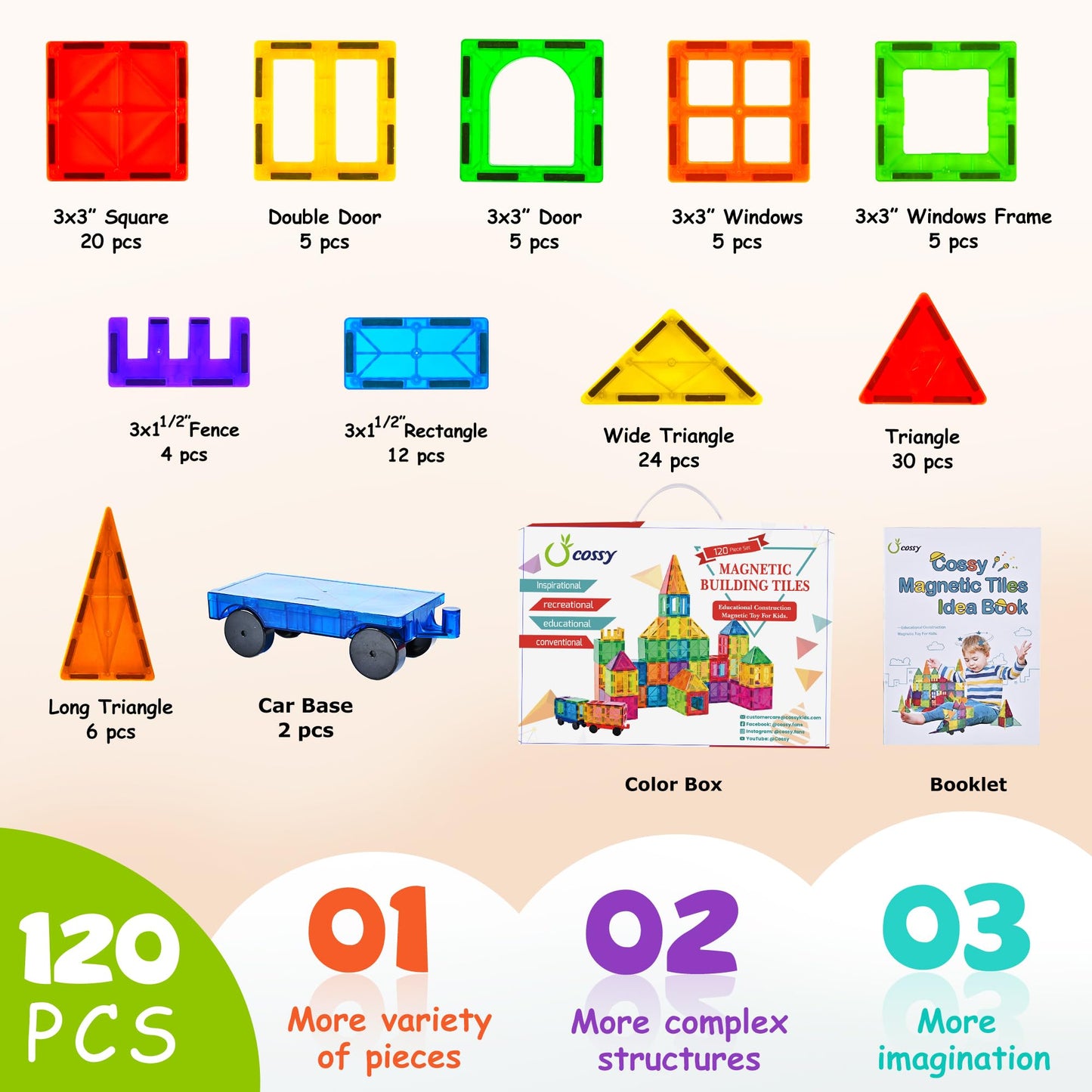 cossy 120Pcs Magnetic Tiles Magnetic 3D Building Blocks Set Educational Construction Toys for 3+ Year Kids with Stronger Magnets, Educational, Recreational, Conventional