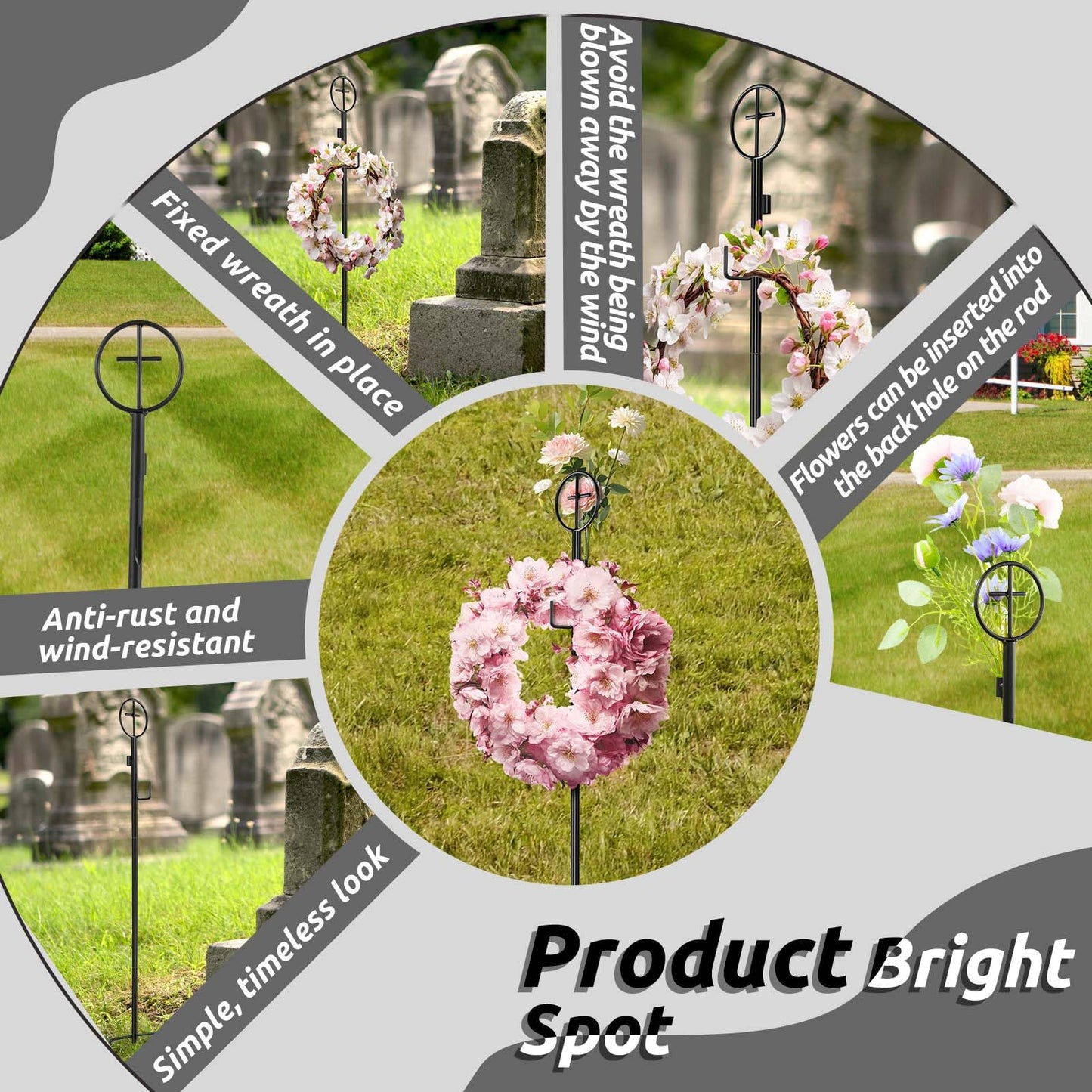 36" Black Metal Wreath Stake with Cross 3 Pronged Wreath Stake Heavy Duty Decoration Stand in Ground Cemetery Grave Wreath Holder for Cemetery, Graveside, Memorial Garden, Weddings (2 Pack)