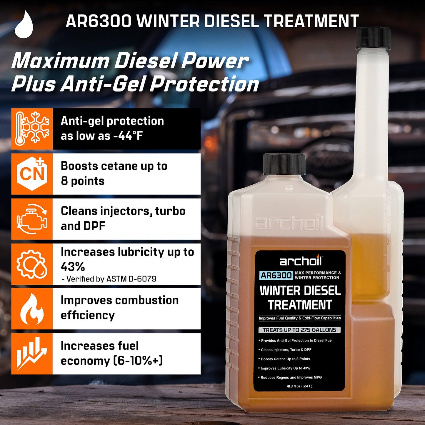 Archoil AR6300 Winter Diesel Treatment (41 oz) Treats 275 Gallons, Diesel Anti-Gel Additive, Lubricity Improver, Cetane Booster, Injector Cleaner, DPF & Turbo Deposit Control