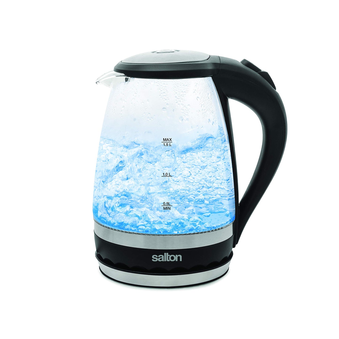 Salton Cordless Electric Glass Kettle - Compact 1.5L/Quart Water Boiler and Tea Heater with Automatic Shut-Off and Boil-Dry Protection, Soft Blue Illumination, Stainless Steel, 1100 Watts